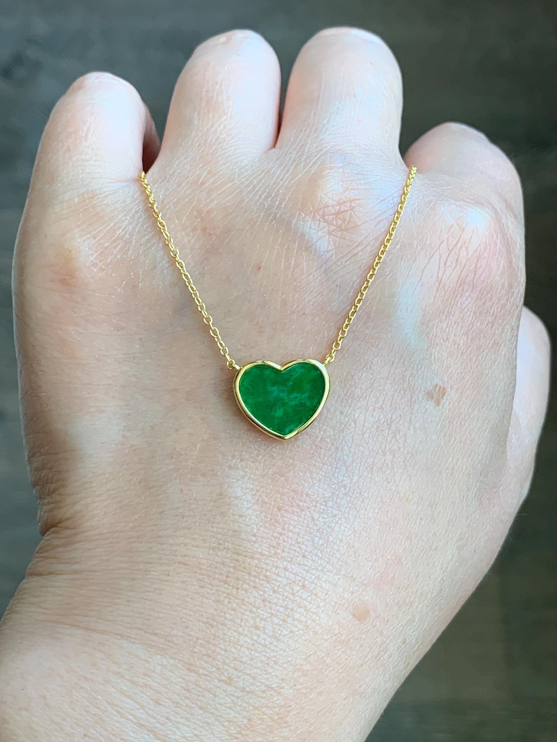 Certified Natural Grade A Translucent Vibrant Green Jadeite Heart Pendant Necklace Sterling Silver YG Overlay 天然花青爱心翡翠蛋面银镶锁骨链套链 1668