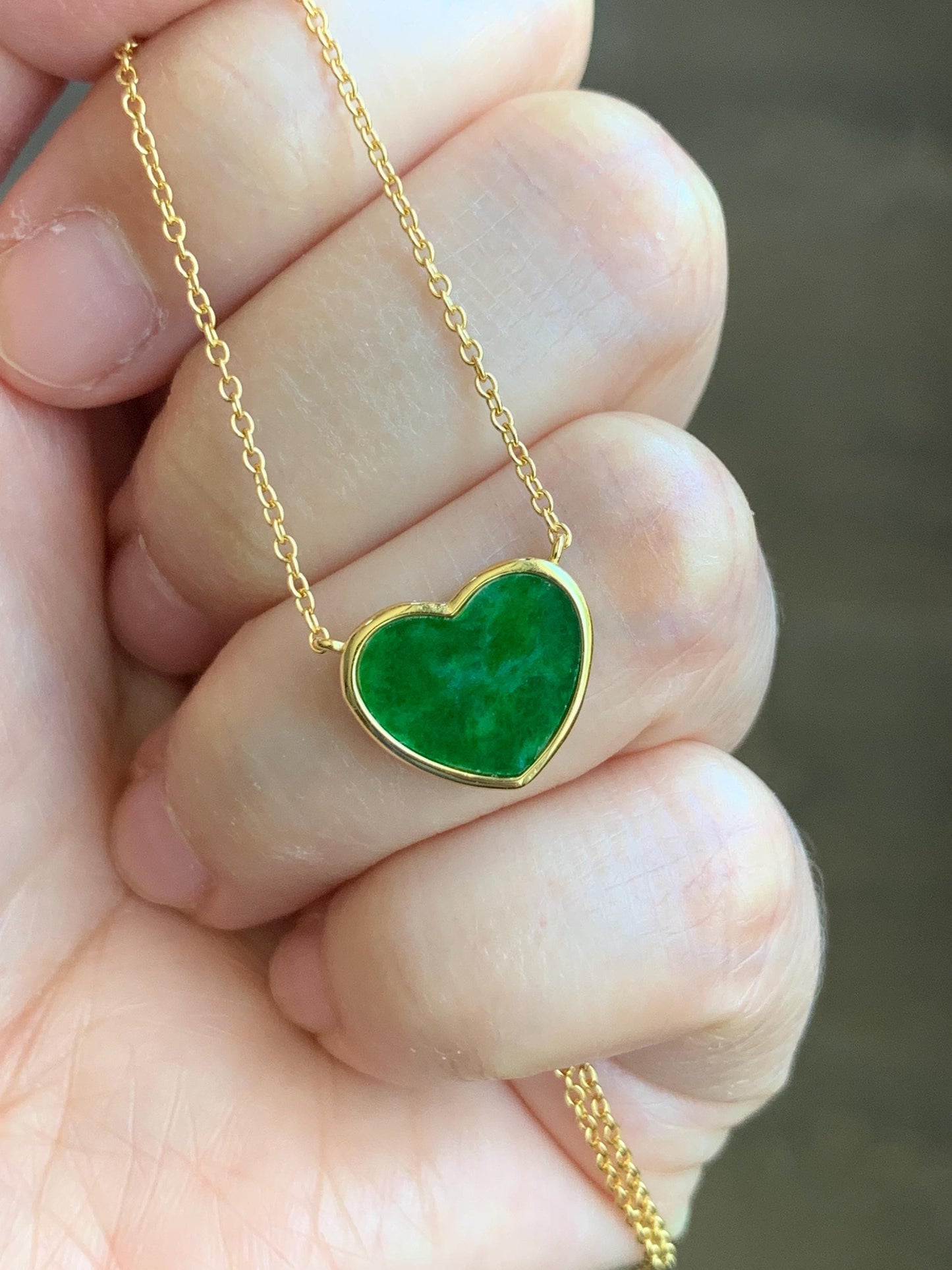 Certified Natural Grade A Translucent Vibrant Green Jadeite Heart Pendant Necklace Sterling Silver YG Overlay 天然花青爱心翡翠蛋面银镶锁骨链套链 1668