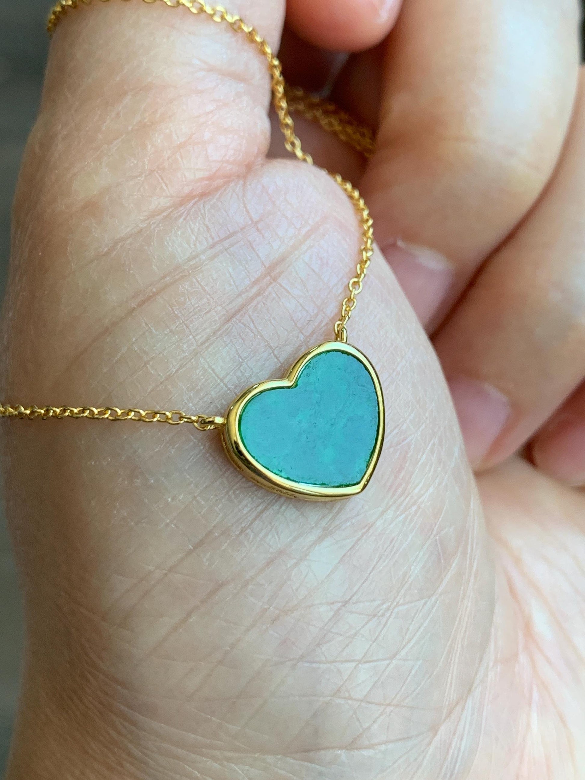 Certified Natural Grade A Translucent Vibrant Green Jadeite Heart Pendant Necklace Sterling Silver YG Overlay 天然花青爱心翡翠蛋面银镶锁骨链套链 1668