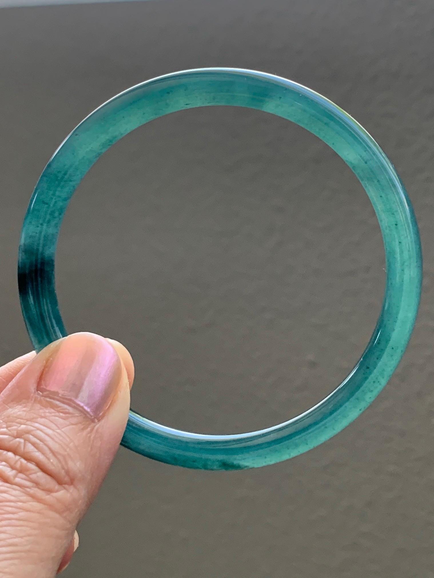Certified Natural Grade A Guatemalan Icy Translucent Gelatinous Dark Teal Green Jade Jadeite Slim Bangle 55.69mm 19.5g 天然老种冰胶危蓝绿翡翠细圆条手镯 9968