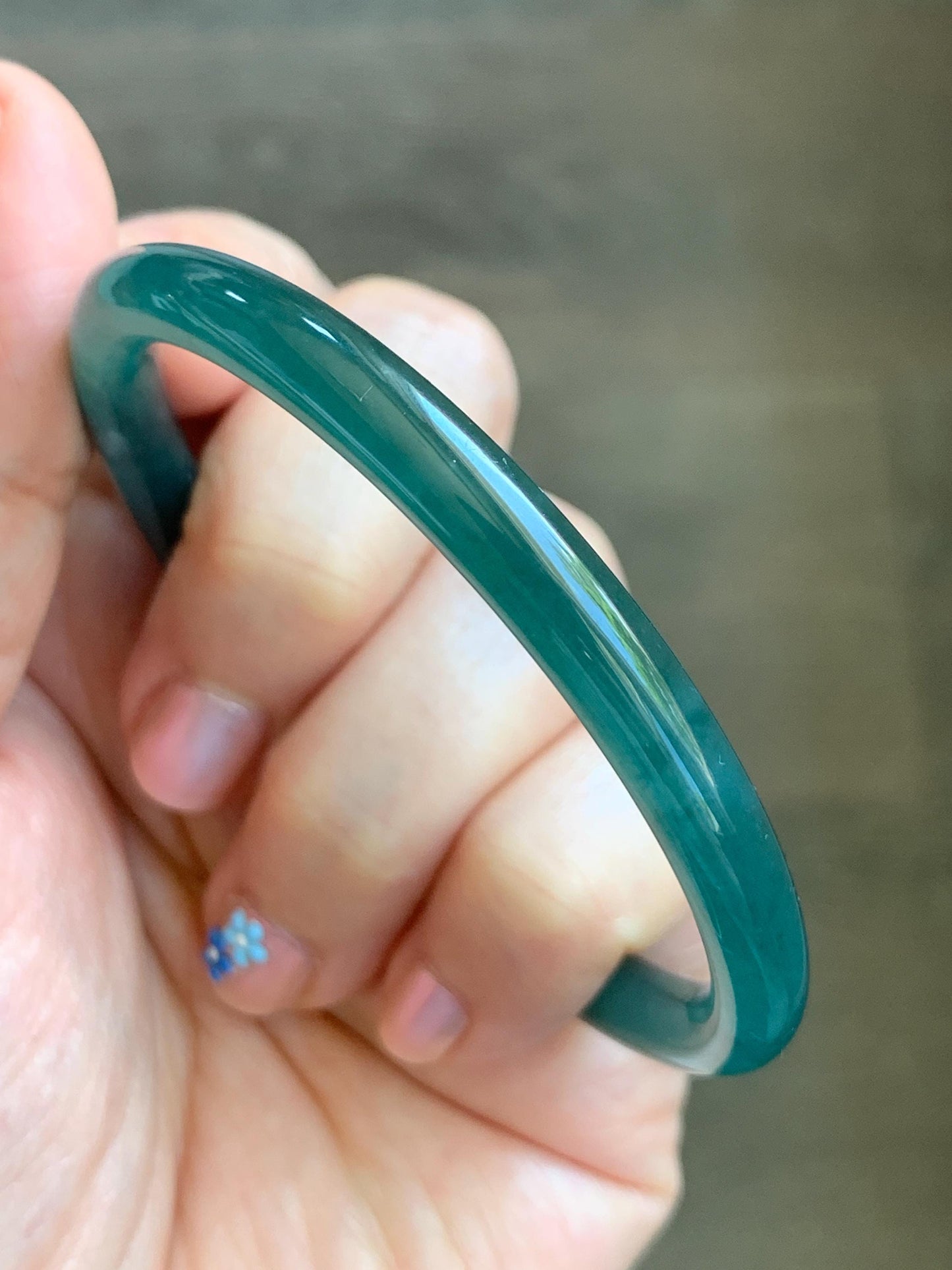 Certified Natural Grade A Guatemalan Icy Translucent Gelatinous Dark Teal Green Jade Jadeite Slim Bangle 55.69mm 19.5g 天然老种冰胶危蓝绿翡翠细圆条手镯 9968