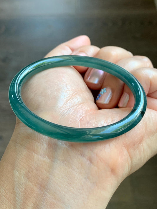 Certified Natural Grade A Guatemalan Icy Translucent Gelatinous Dark Teal Green Jade Jadeite Slim Bangle 55.69mm 19.5g 天然老种冰胶危蓝绿翡翠细圆条手镯 9968