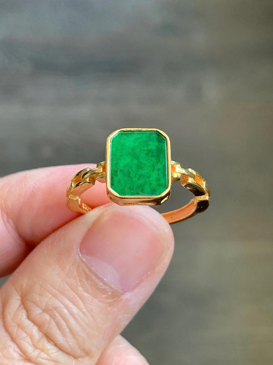 Natural Grade A Icy Translucent Vibrant Green Jade Jadeite Rectangle Ring S925 Sterling Silver Size Adjustable 3g 天然阳绿花青翡翠银镶戒指 HQF110