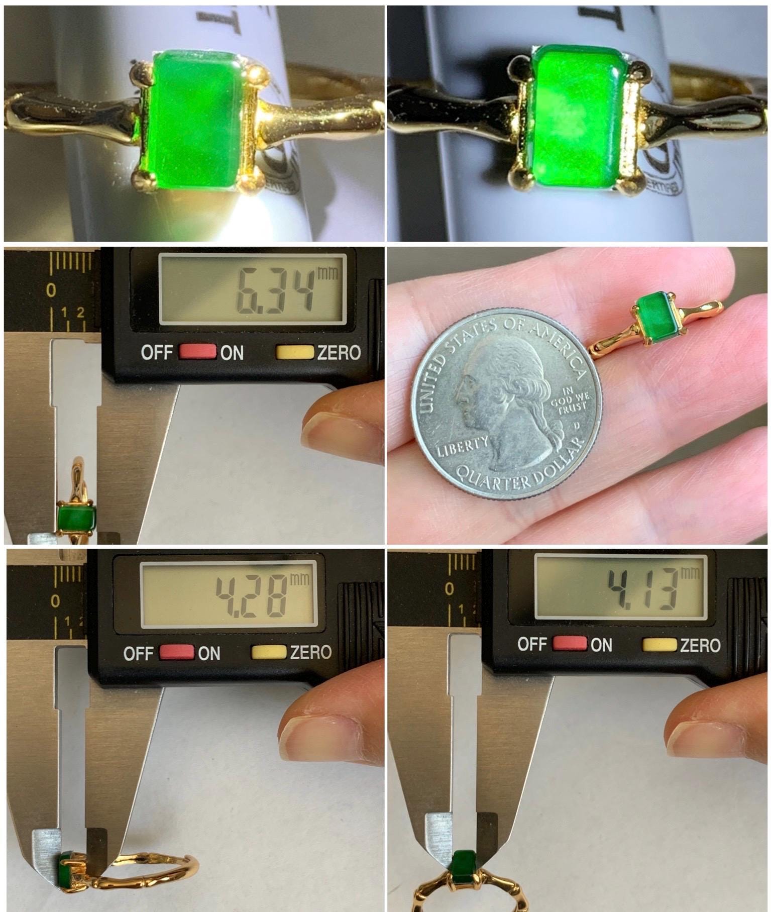 Natural Grade A Guatemalan Icy Translucent Vibrant Green Jade Jadeite Bamboo Ring Sterling Silver Size Adjustable 天然冰危绿切割面翡翠竹节银镶戒指 ZJL55C