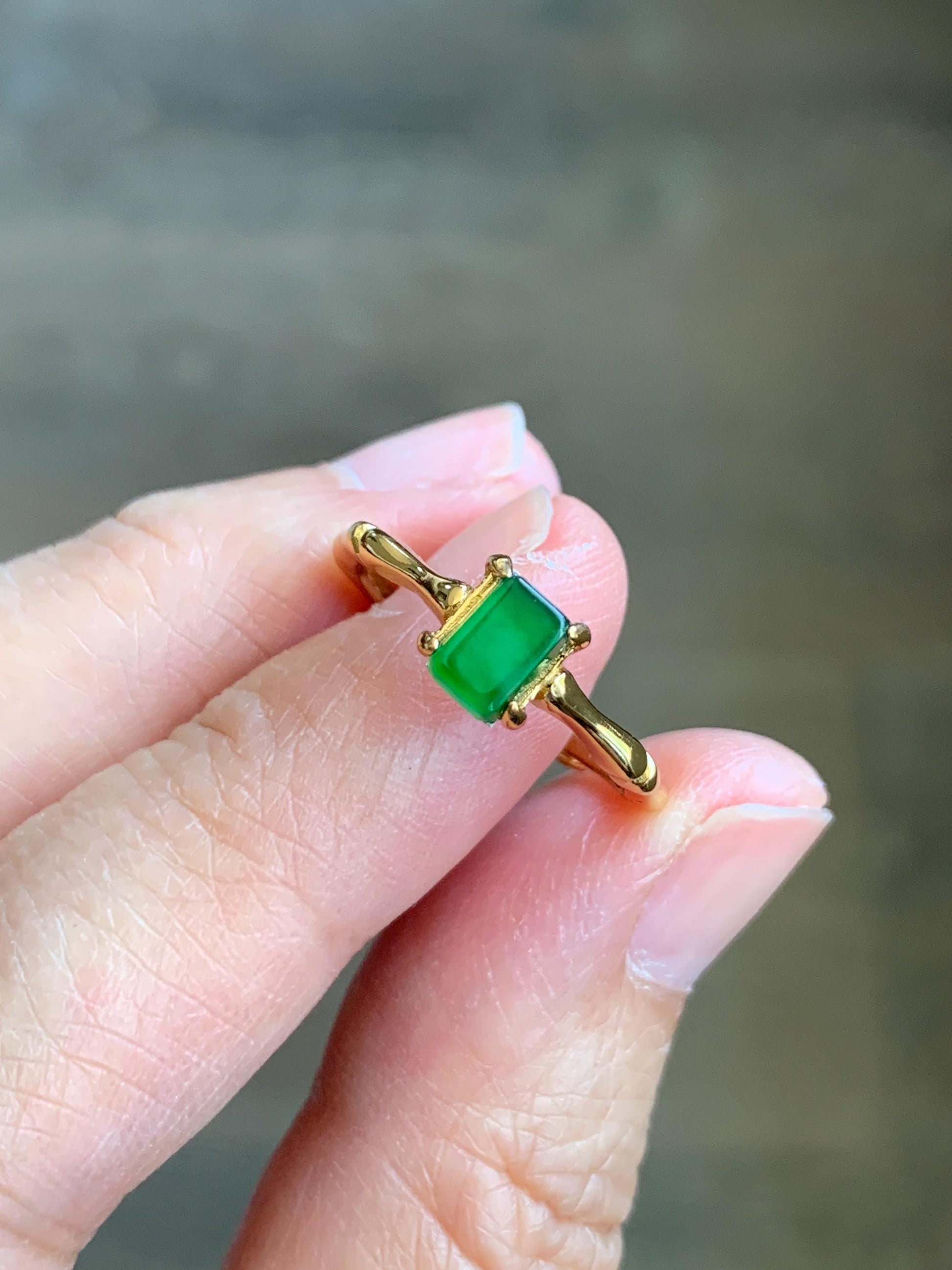 Natural Grade A Guatemalan Icy Translucent Vibrant Green Jade Jadeite Bamboo Ring Sterling Silver Size Adjustable 天然冰危绿切割面翡翠竹节银镶戒指 ZJL55C