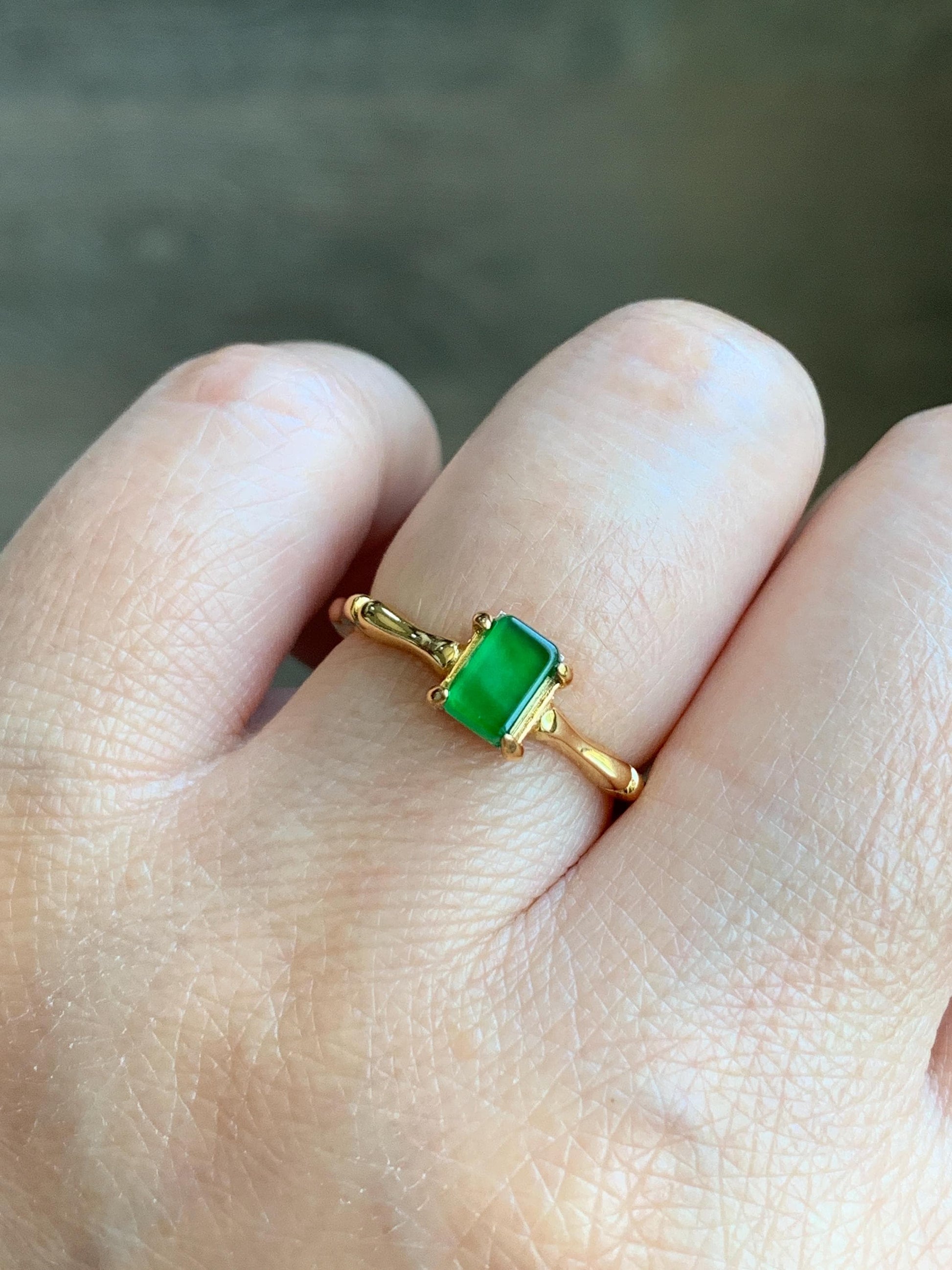 Natural Grade A Guatemalan Icy Translucent Vibrant Green Jade Jadeite Bamboo Ring Sterling Silver Size Adjustable 天然冰危绿切割面翡翠竹节银镶戒指 ZJL55C