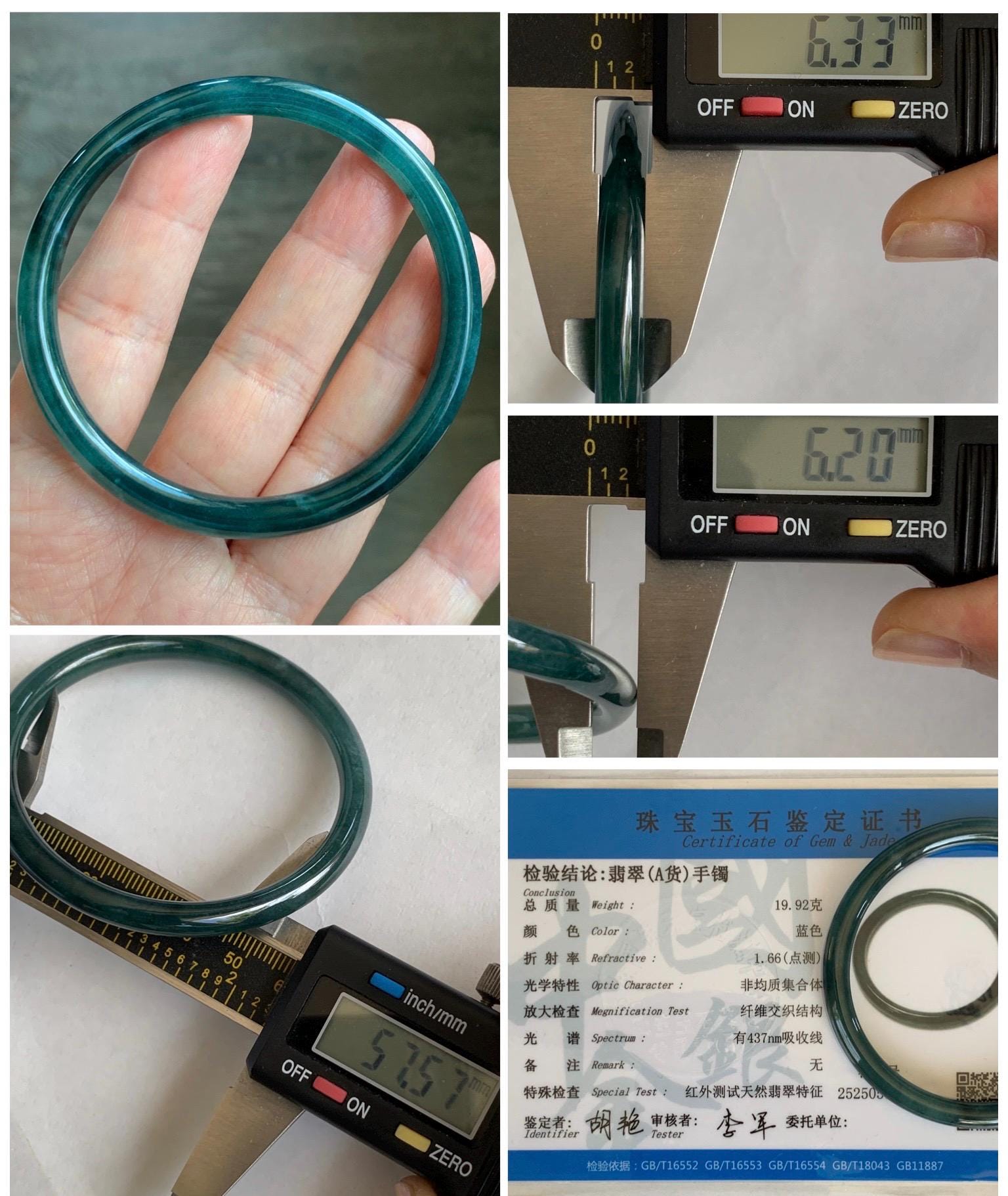 Certified Natural Grade A Guatemalan Icy Translucent Gelatinous Dark Teal Green Jade Jadeite Slim Bangle 57.57mm 19.9g 天然老种冰胶危蓝绿翡翠细圆条手镯 9969