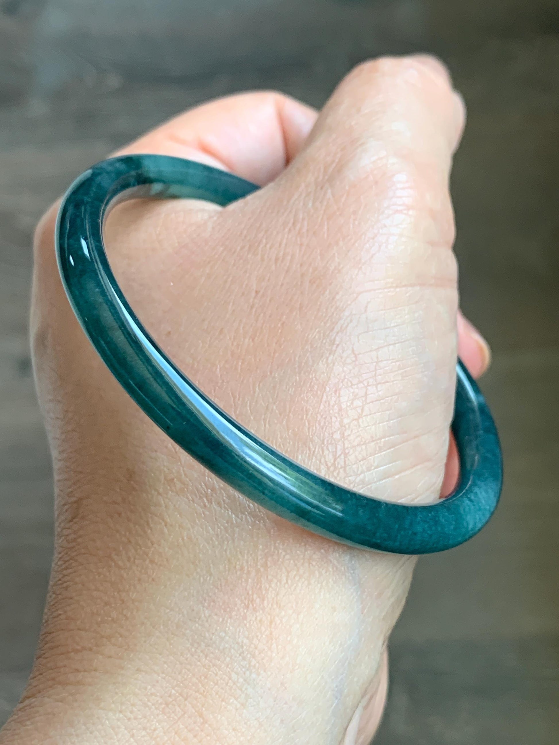 Certified Natural Grade A Guatemalan Icy Translucent Gelatinous Dark Teal Green Jade Jadeite Slim Bangle 57.57mm 19.9g 天然老种冰胶危蓝绿翡翠细圆条手镯 9969