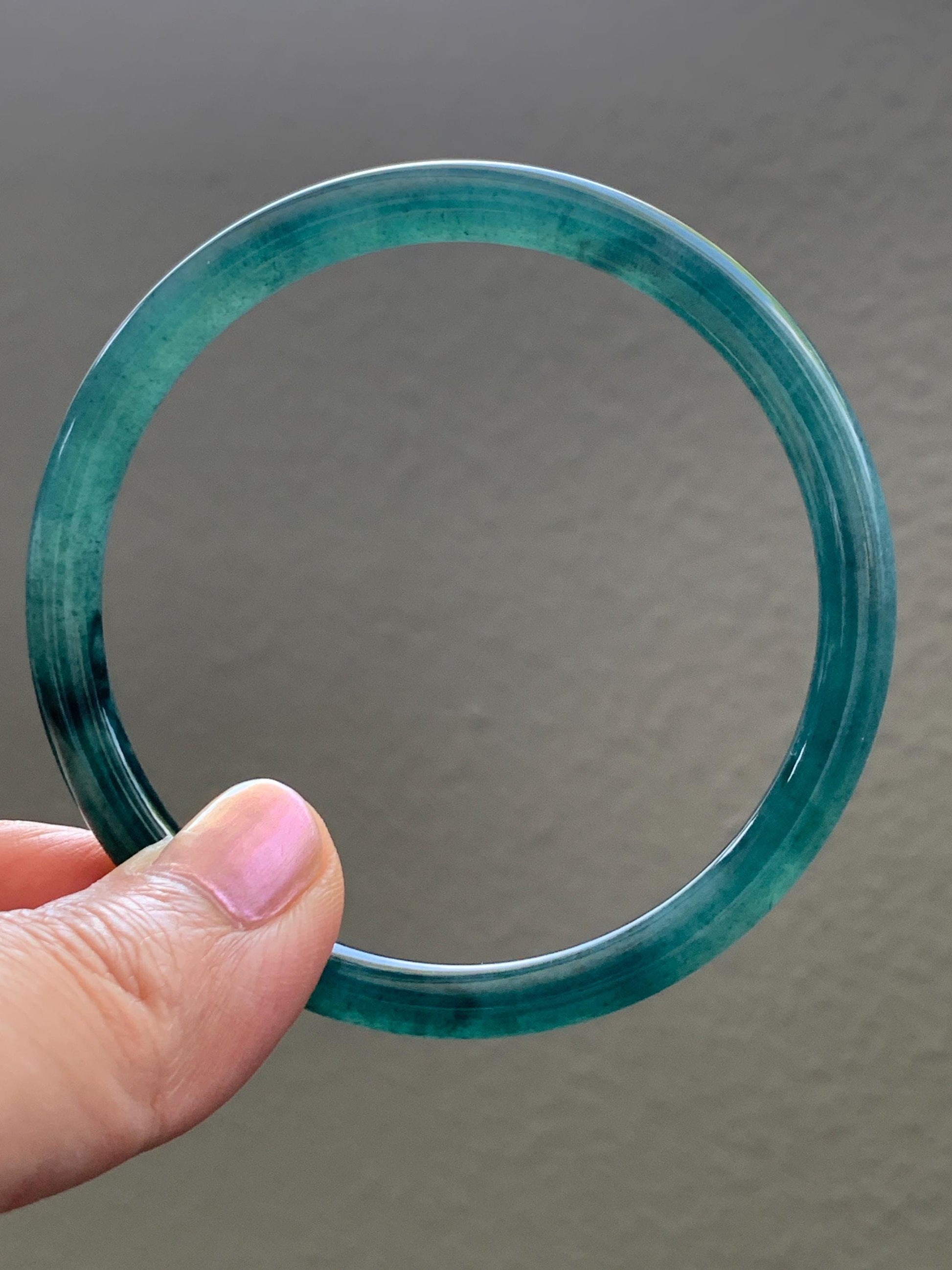 Certified Natural Grade A Guatemalan Icy Translucent Gelatinous Dark Teal Green Jade Jadeite Slim Bangle 57.57mm 19.9g 天然老种冰胶危蓝绿翡翠细圆条手镯 9969