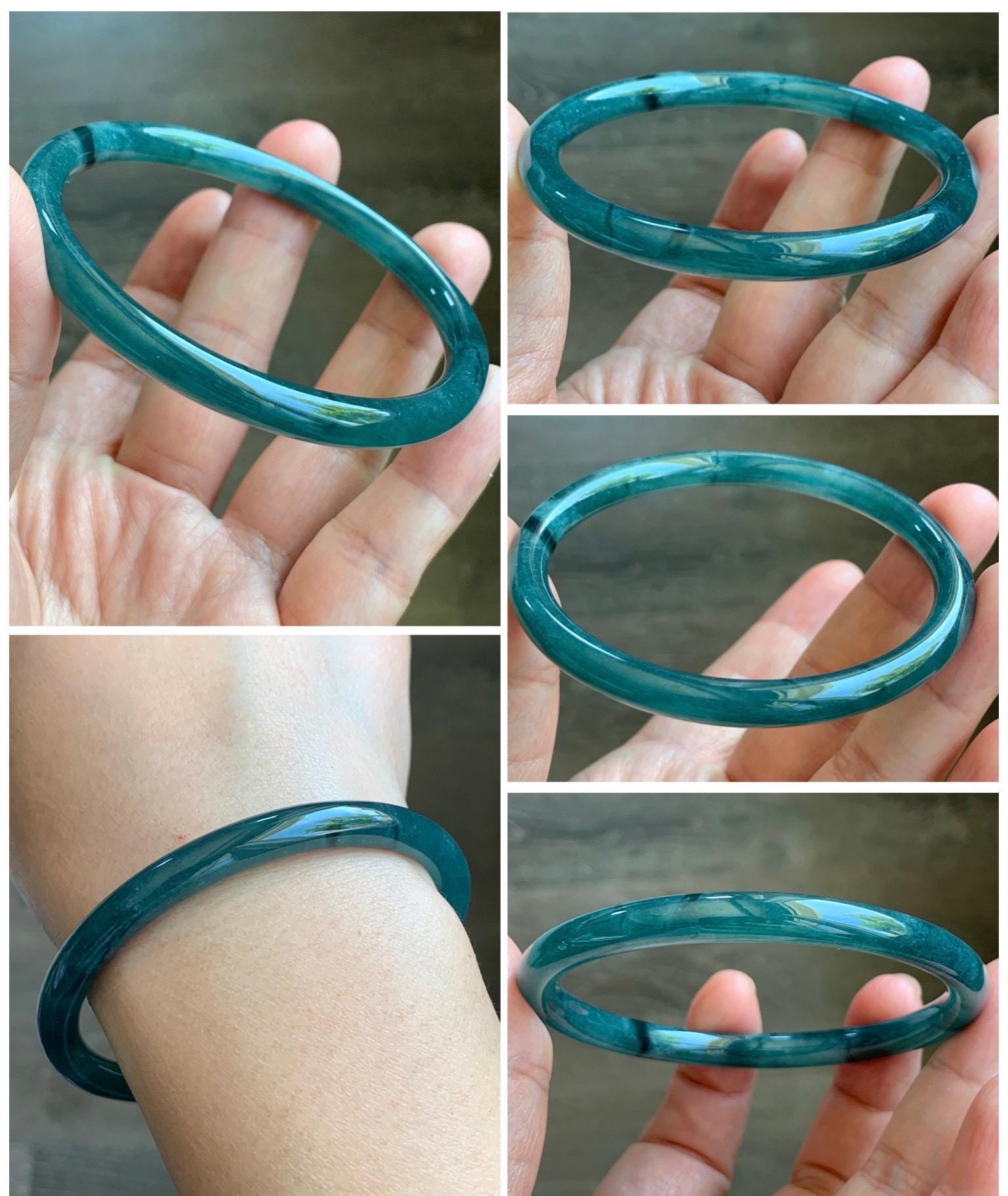 Certified Natural Grade A Guatemalan Icy Translucent Gelatinous Dark Teal Green Jade Jadeite Slim Bangle 59.57mm 21.9g 天然老种冰胶危蓝绿翡翠细圆条手镯 9970