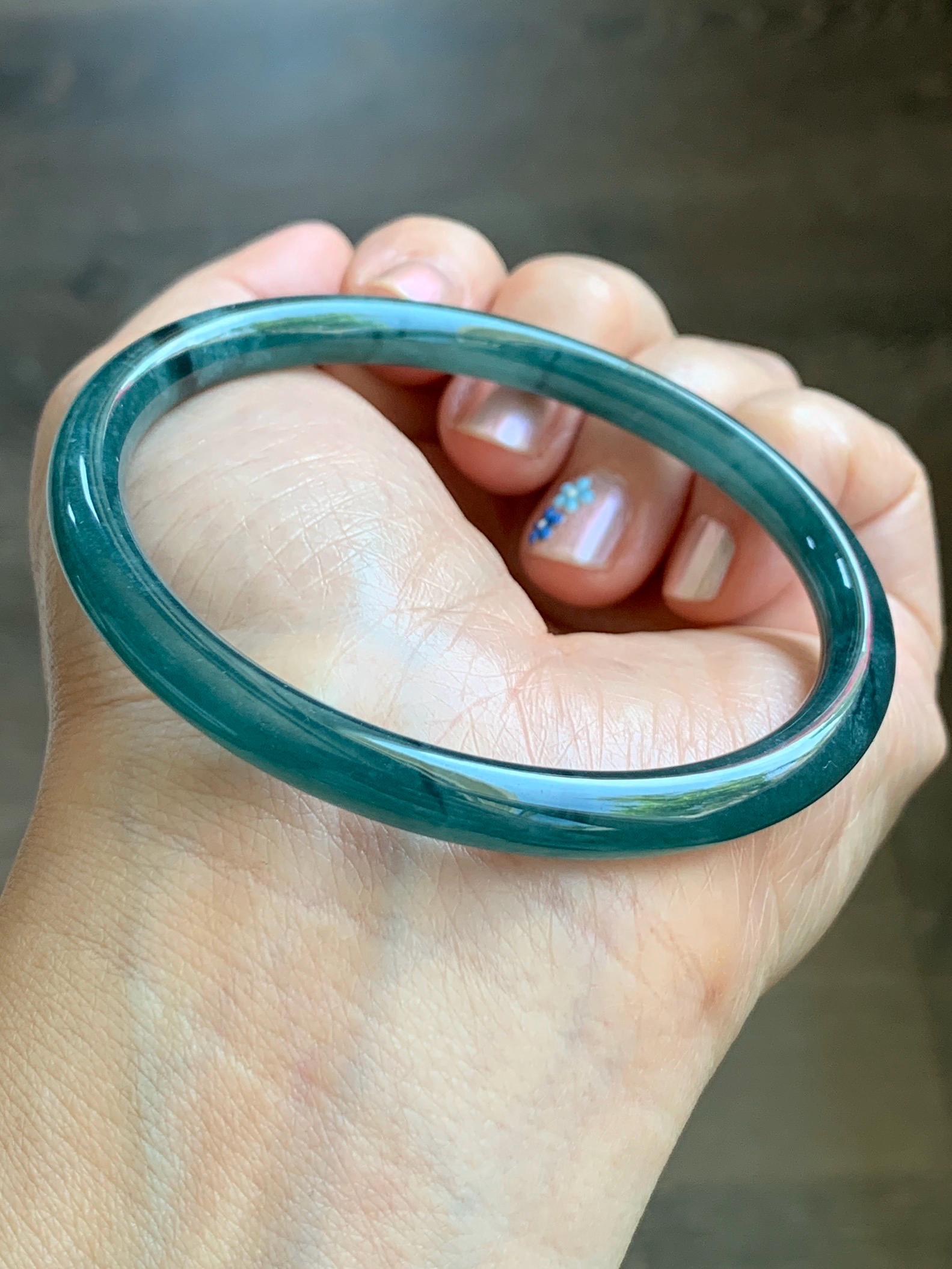 Certified Natural Grade A Guatemalan Icy Translucent Gelatinous Dark Teal Green Jade Jadeite Slim Bangle 59.57mm 21.9g 天然老种冰胶危蓝绿翡翠细圆条手镯 9970
