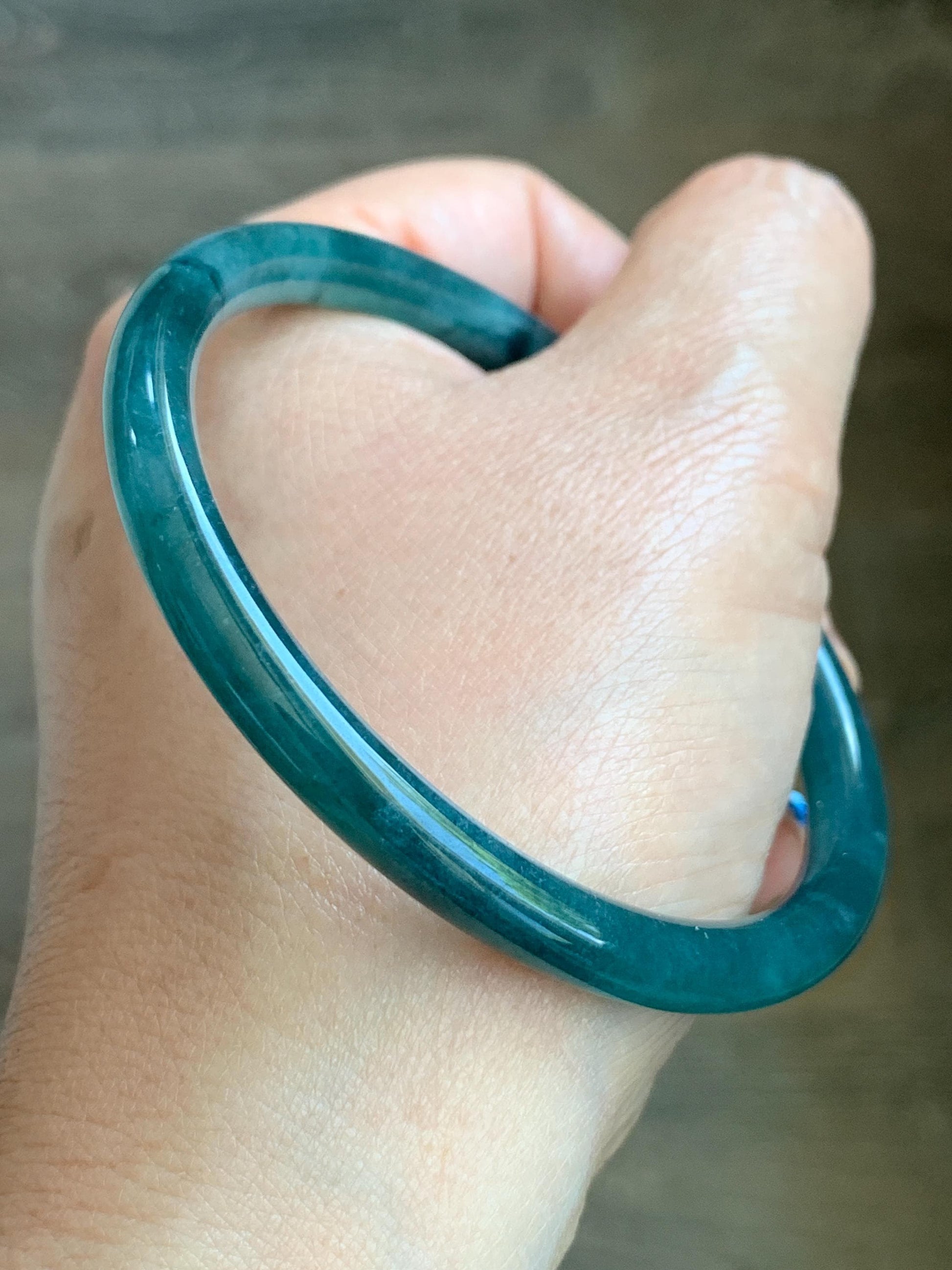 Certified Natural Grade A Guatemalan Icy Translucent Gelatinous Dark Teal Green Jade Jadeite Slim Bangle 59.57mm 21.9g 天然老种冰胶危蓝绿翡翠细圆条手镯 9970