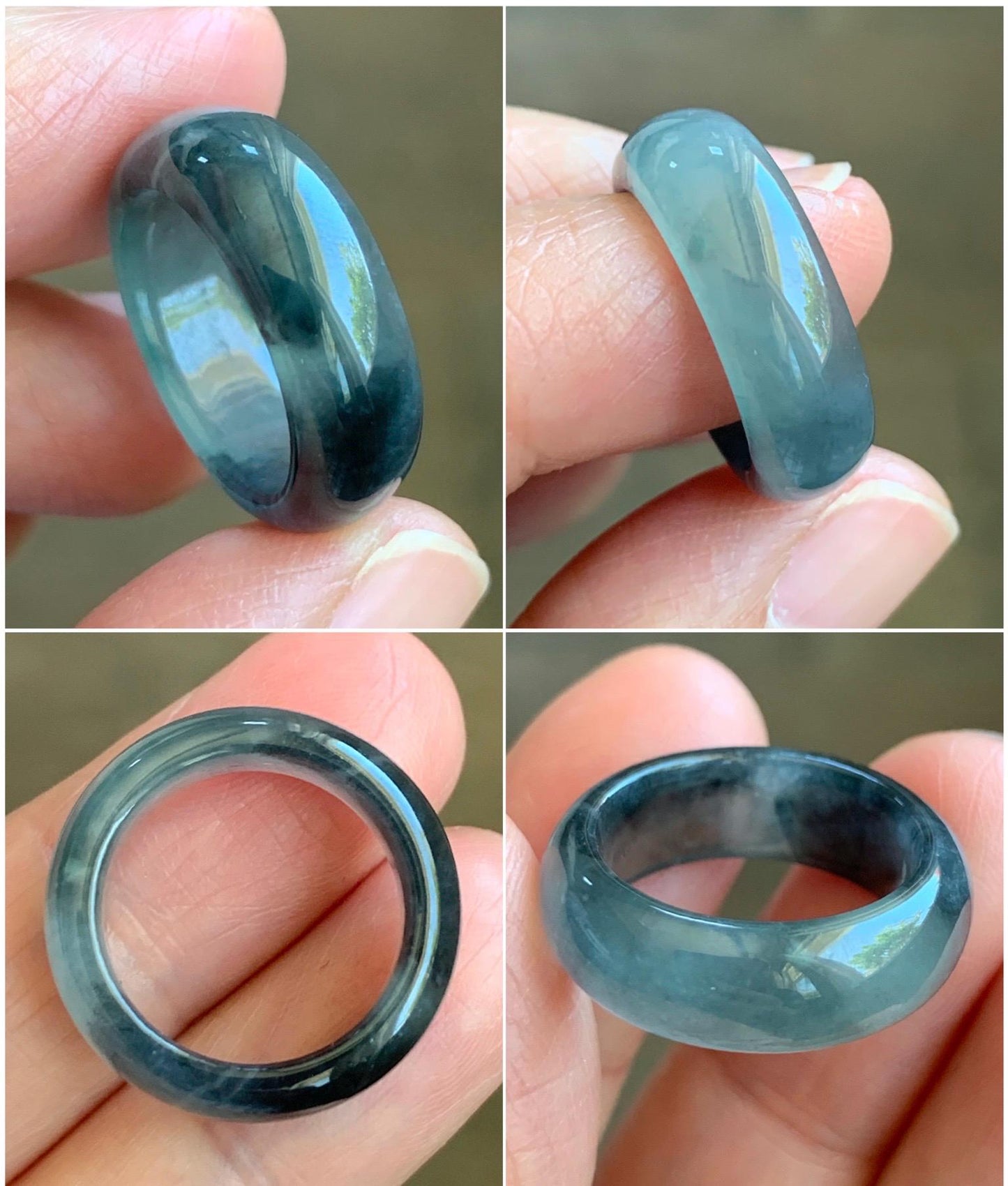 Natural Grade A Guatemalan Icy Translucent Gelatinous Dark Wuji Jade Jadeite Band Ring Size 4.75 US 天然冰胶危乌鸡翡翠戒圈 WWJ150D