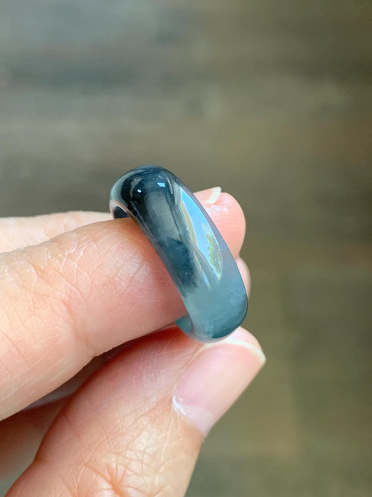 Natural Grade A Guatemalan Icy Translucent Gelatinous Dark Wuji Jade Jadeite Band Ring Size 4.75 US 天然冰胶危乌鸡翡翠戒圈 WWJ150D