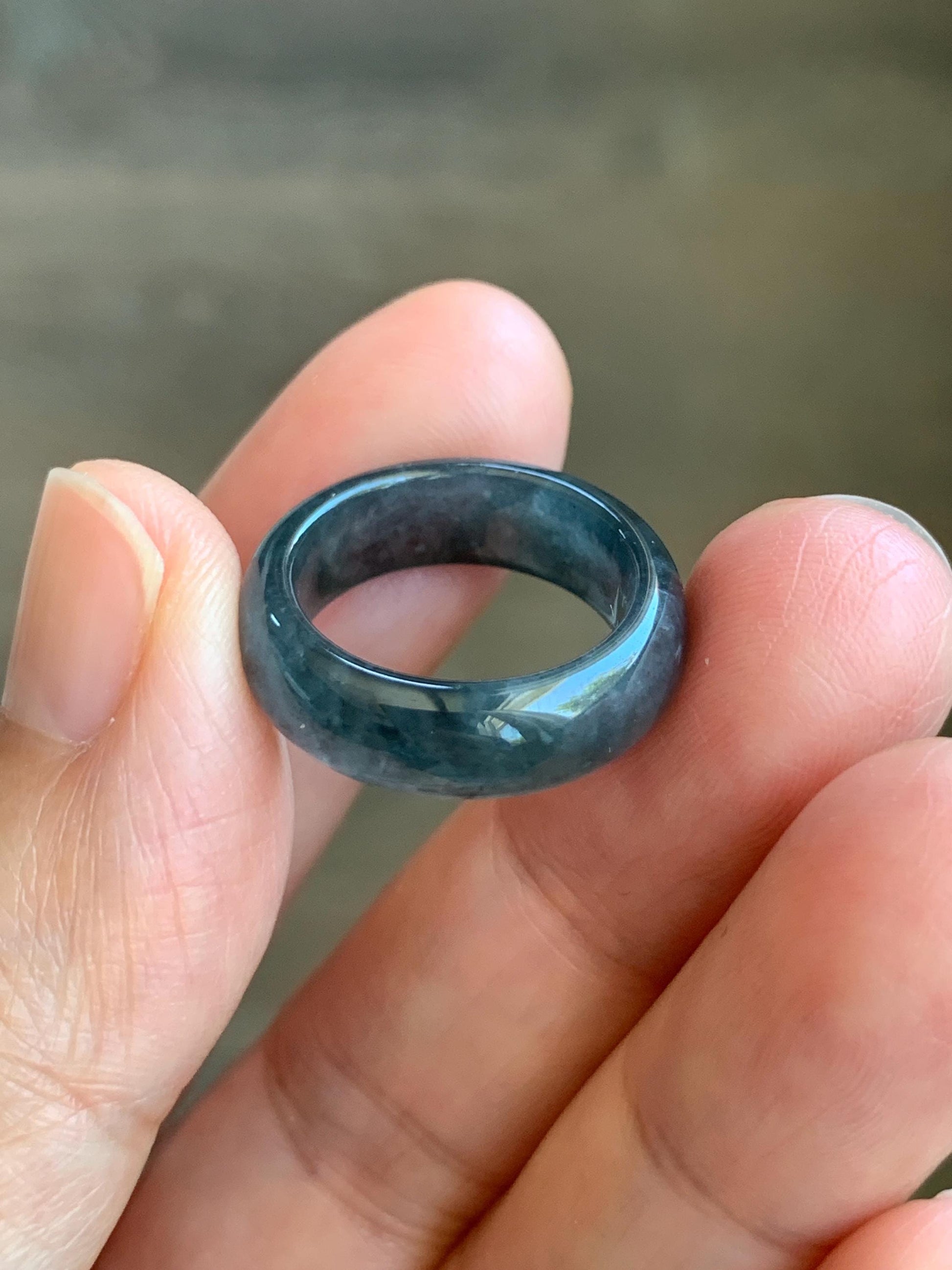 Natural Grade A Guatemalan Icy Translucent Gelatinous Dark Wuji Jade Jadeite Band Ring Size 4.75 US 天然冰胶危乌鸡翡翠戒圈 WWJ150C