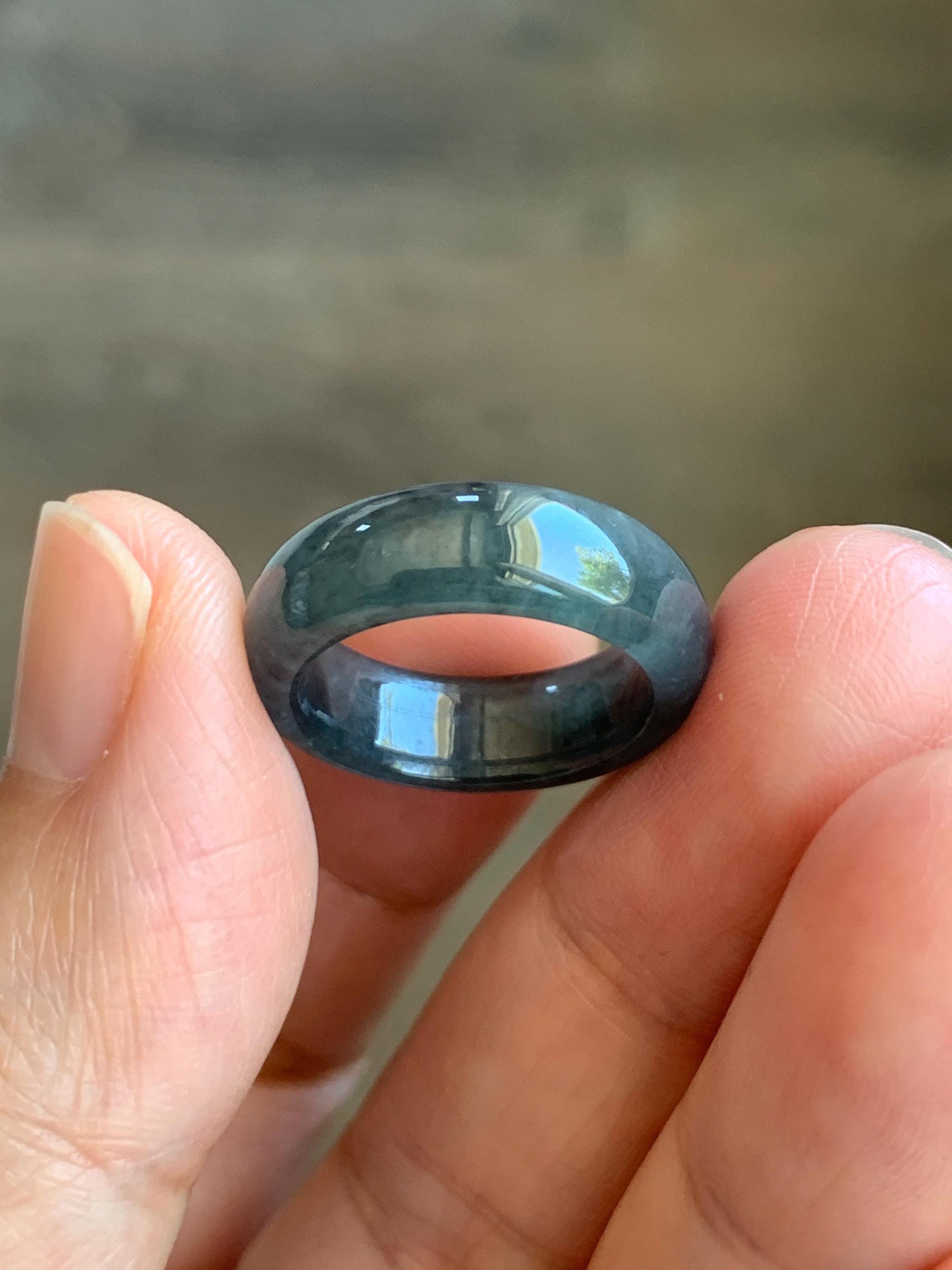 Natural Grade A Guatemalan Icy Translucent Gelatinous Dark Wuji Jade Jadeite Band Ring Size 4.75 US 天然冰胶危乌鸡翡翠戒圈 WWJ150C