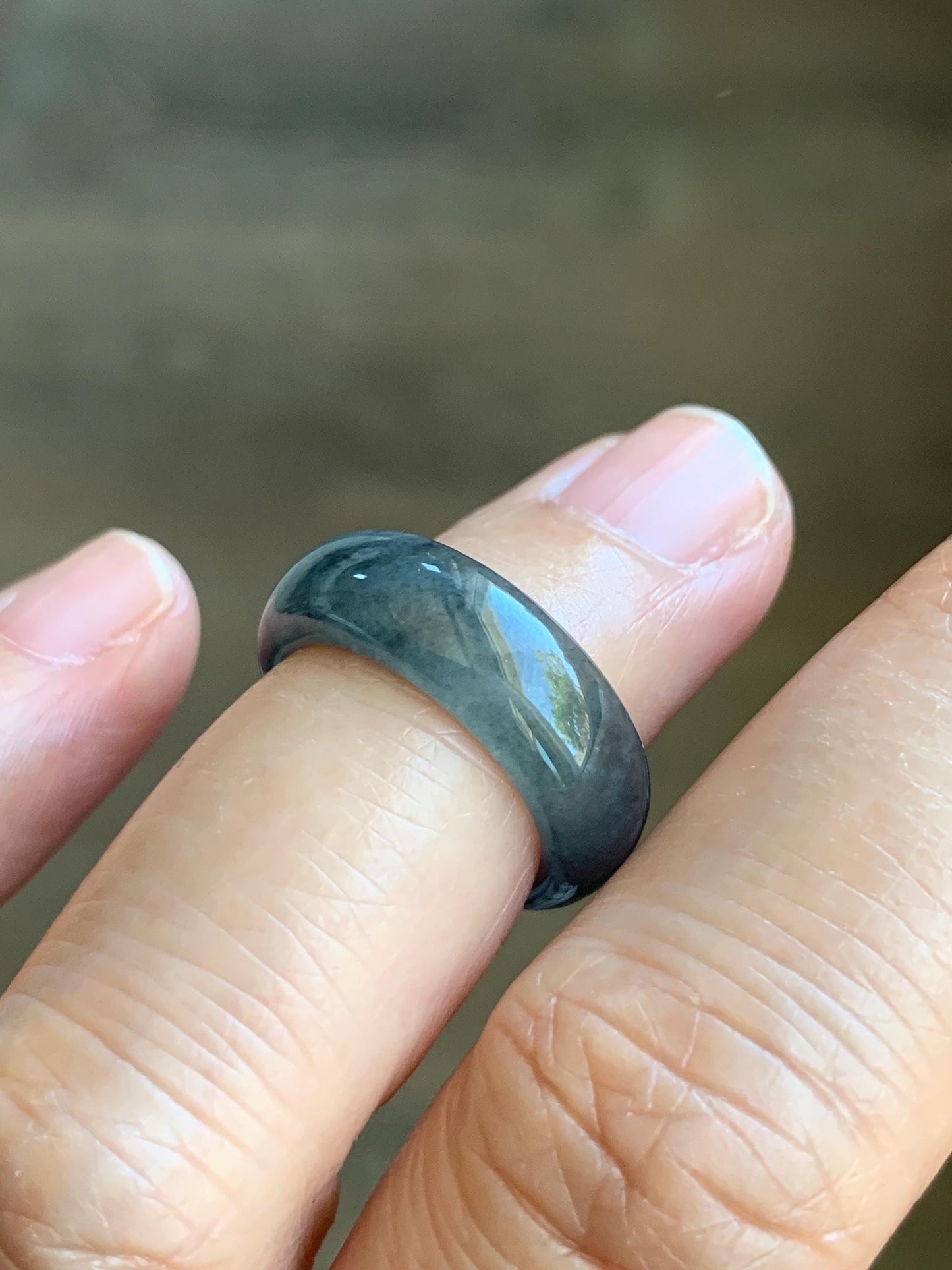 Natural Grade A Guatemalan Icy Translucent Gelatinous Dark Wuji Jade Jadeite Band Ring Size 2.75 US 天然冰胶危乌鸡翡翠戒圈 WWJ150B