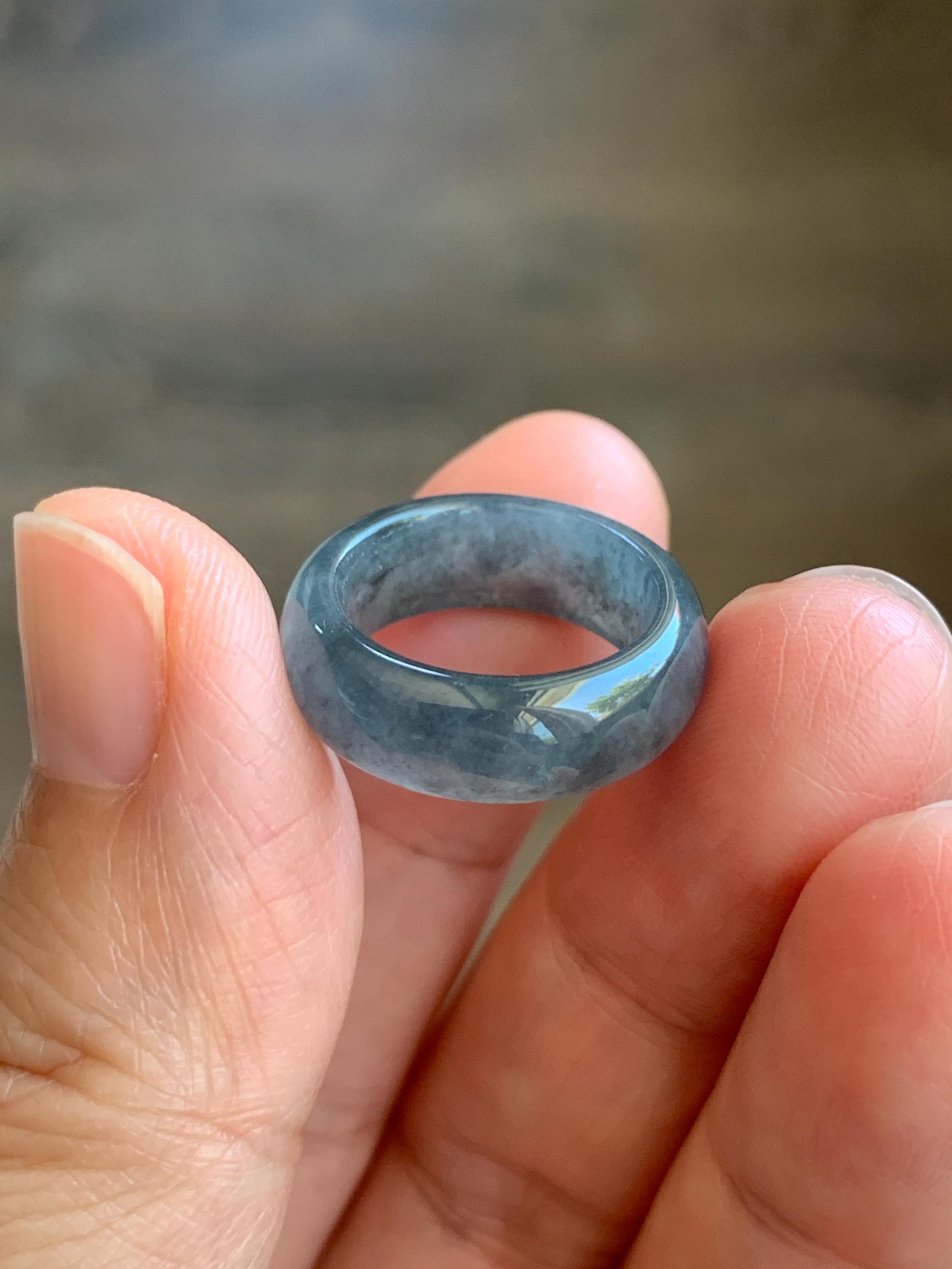 Natural Grade A Guatemalan Icy Translucent Gelatinous Dark Wuji Jade Jadeite Band Ring Size 2.75 US 天然冰胶危乌鸡翡翠戒圈 WWJ150B