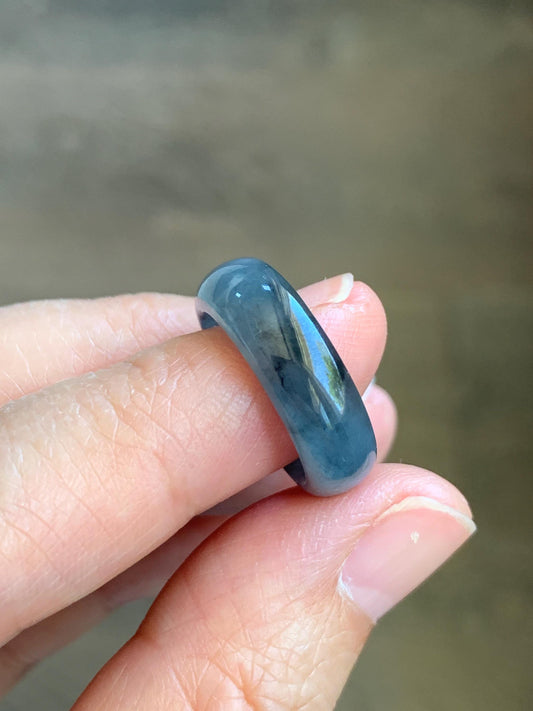 Natural Grade A Guatemalan Icy Translucent Gelatinous Dark Wuji Jade Jadeite Band Ring Size 4.75 US 天然冰胶危乌鸡翡翠戒圈 WWJ150A