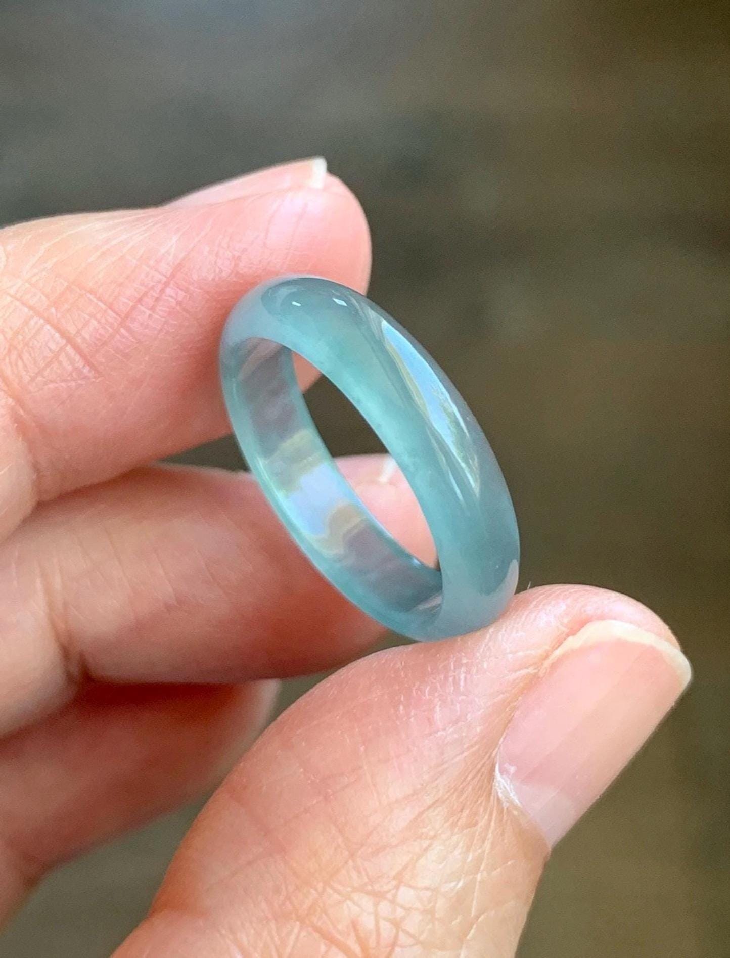 Natural Grade A Guatemalan Premium Icy Highly Translucent Pastel Teal Blue Jade Jadeite Band Ring Size 6.5 US 天然冰危蓝绿起冰起光翡翠戒圈 WLU44-1