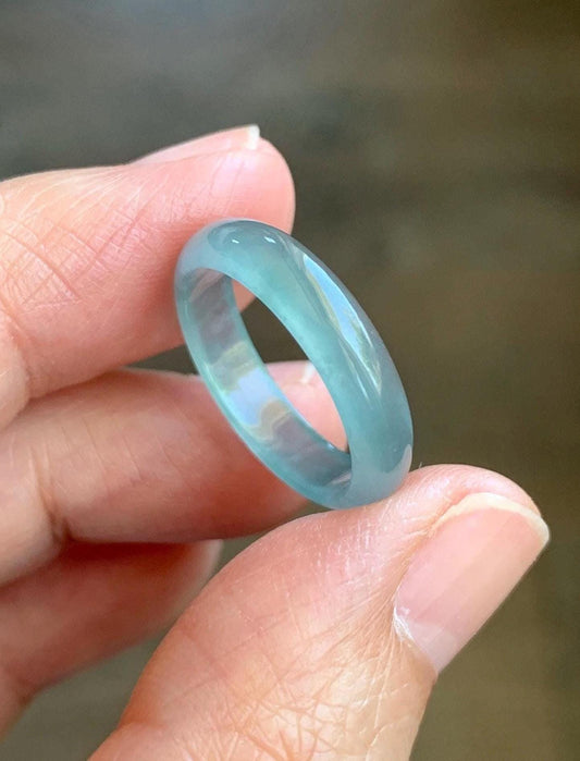 Natural Grade A Guatemalan Premium Icy Highly Translucent Pastel Teal Blue Jade Jadeite Band Ring Size 6.5 US 天然冰危蓝绿起冰起光翡翠戒圈 WLU44-1
