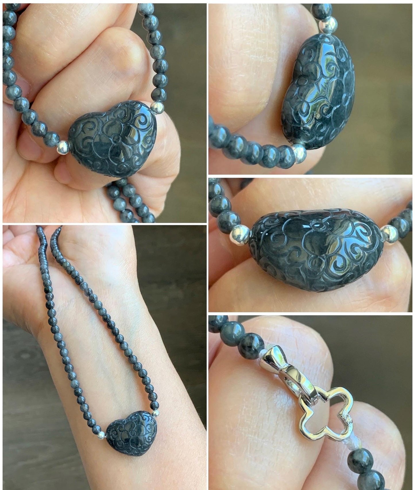 Natural Grade A Icy Translucent Wuji Jade Jadeite Engraved Heart Beaded Necklace Sterling Silver 4mm 18" 20g 天然冰胶乌鸡翡翠爱心珠项链 WJA18