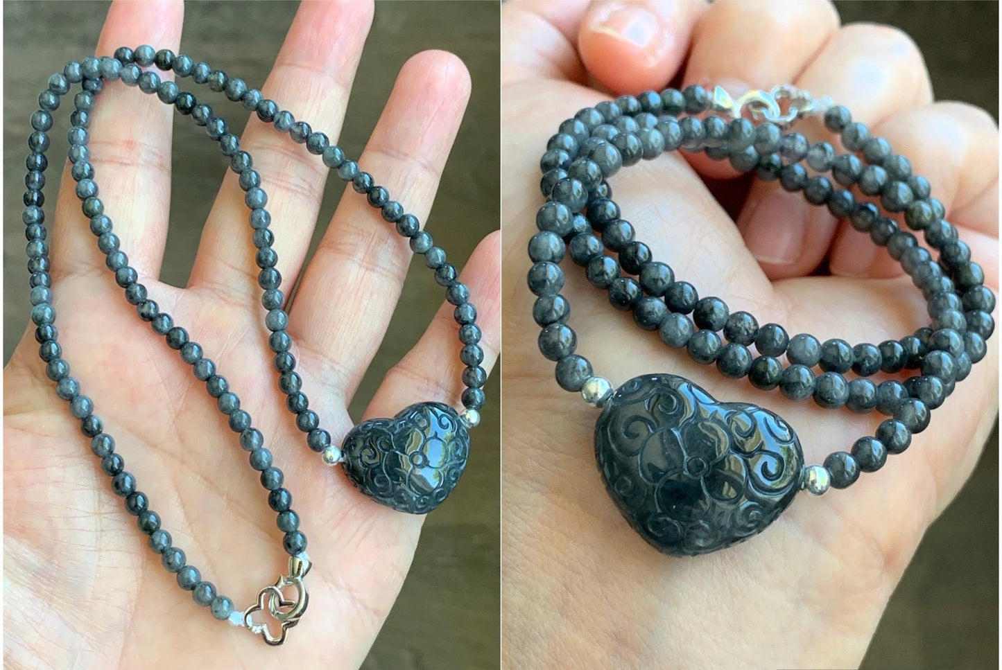 Natural Grade A Icy Translucent Wuji Jade Jadeite Engraved Heart Beaded Necklace Sterling Silver 4mm 18" 20g 天然冰胶乌鸡翡翠爱心珠项链 WJA18