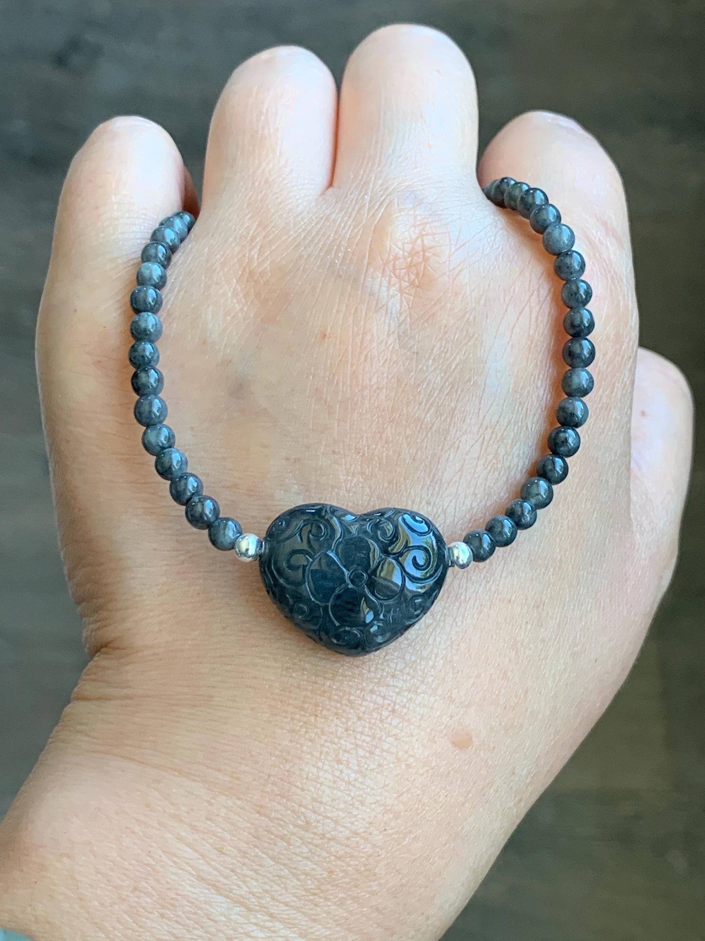 Natural Grade A Icy Translucent Wuji Jade Jadeite Engraved Heart Beaded Necklace Sterling Silver 4mm 18" 20g 天然冰胶乌鸡翡翠爱心珠项链 WJA18