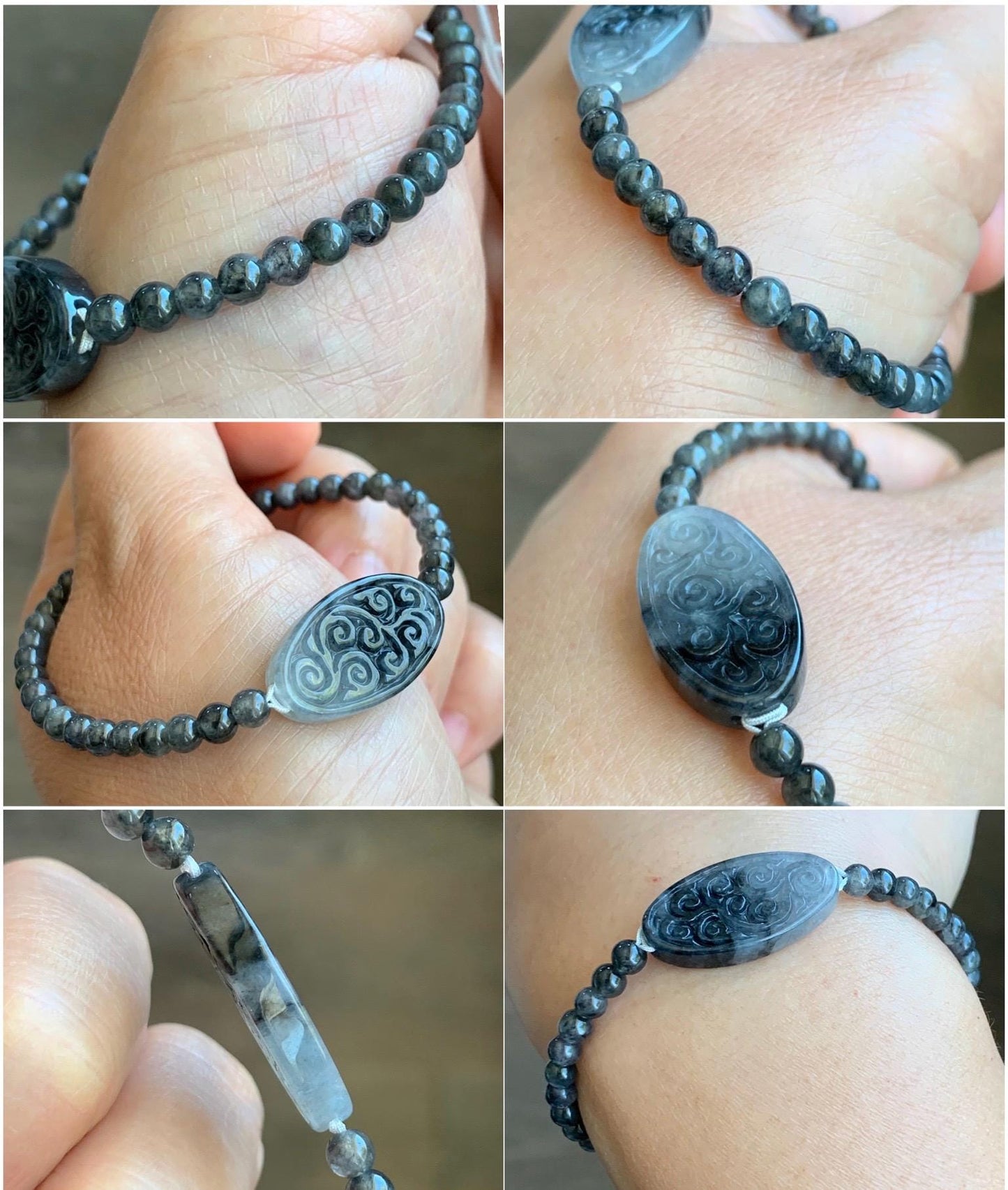 Natural Grade A Icy Highly Translucent Gelatinous Wuji Jade Jadeite Engraved Oval Coin Petite Beaded Bracelet 6.75 8g 天然冰胶乌鸡翡翠手牌圆珠手串 WJP165