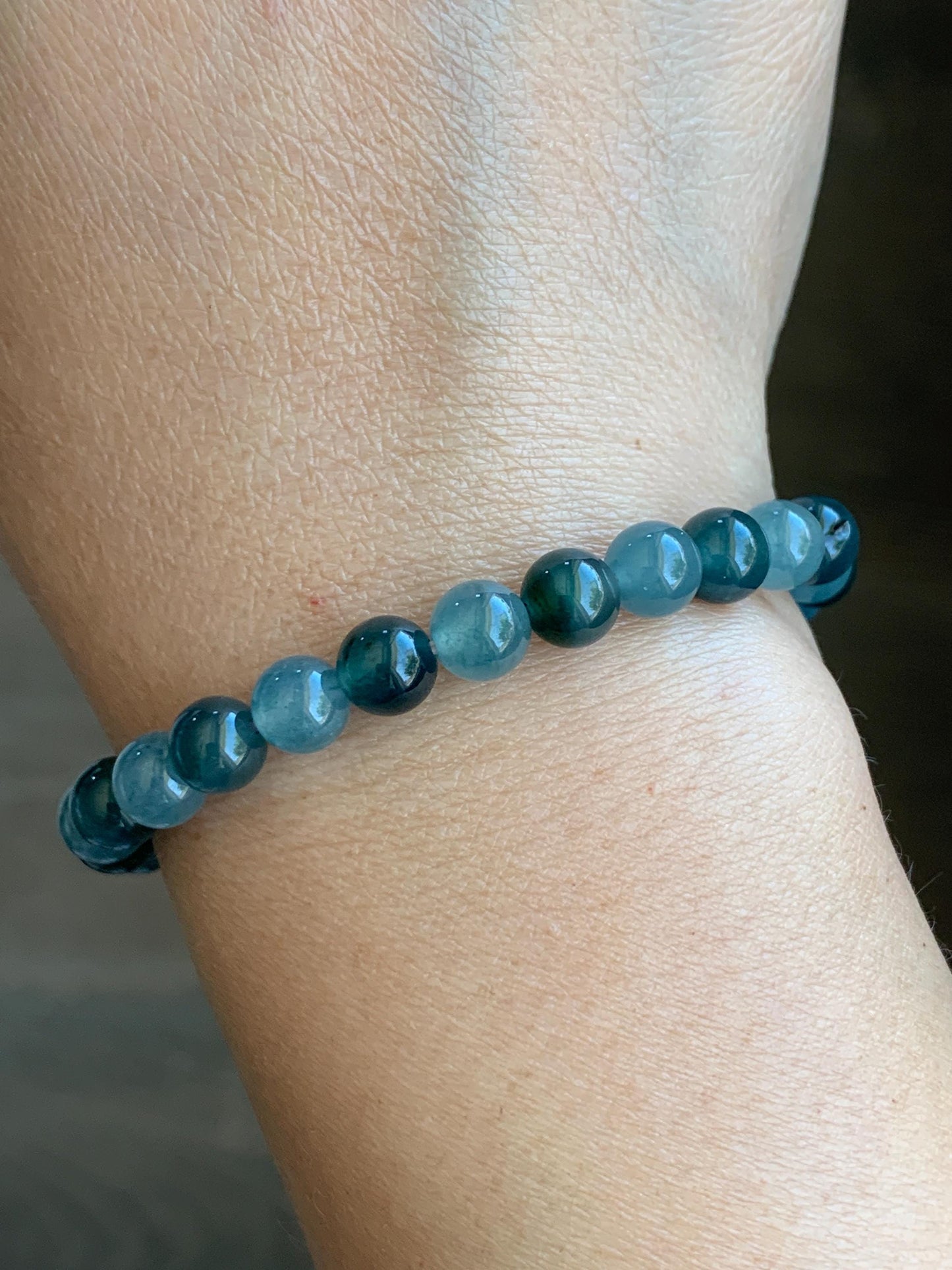 Natural Grade A Guatemalan Icy Highly Translucent Light Teal Blue Dark Teal Green Jadeite Beaded Bracelet 6.8mm 6.75” 14g 天然冰危蓝水多宝翡翠手串 LDB88