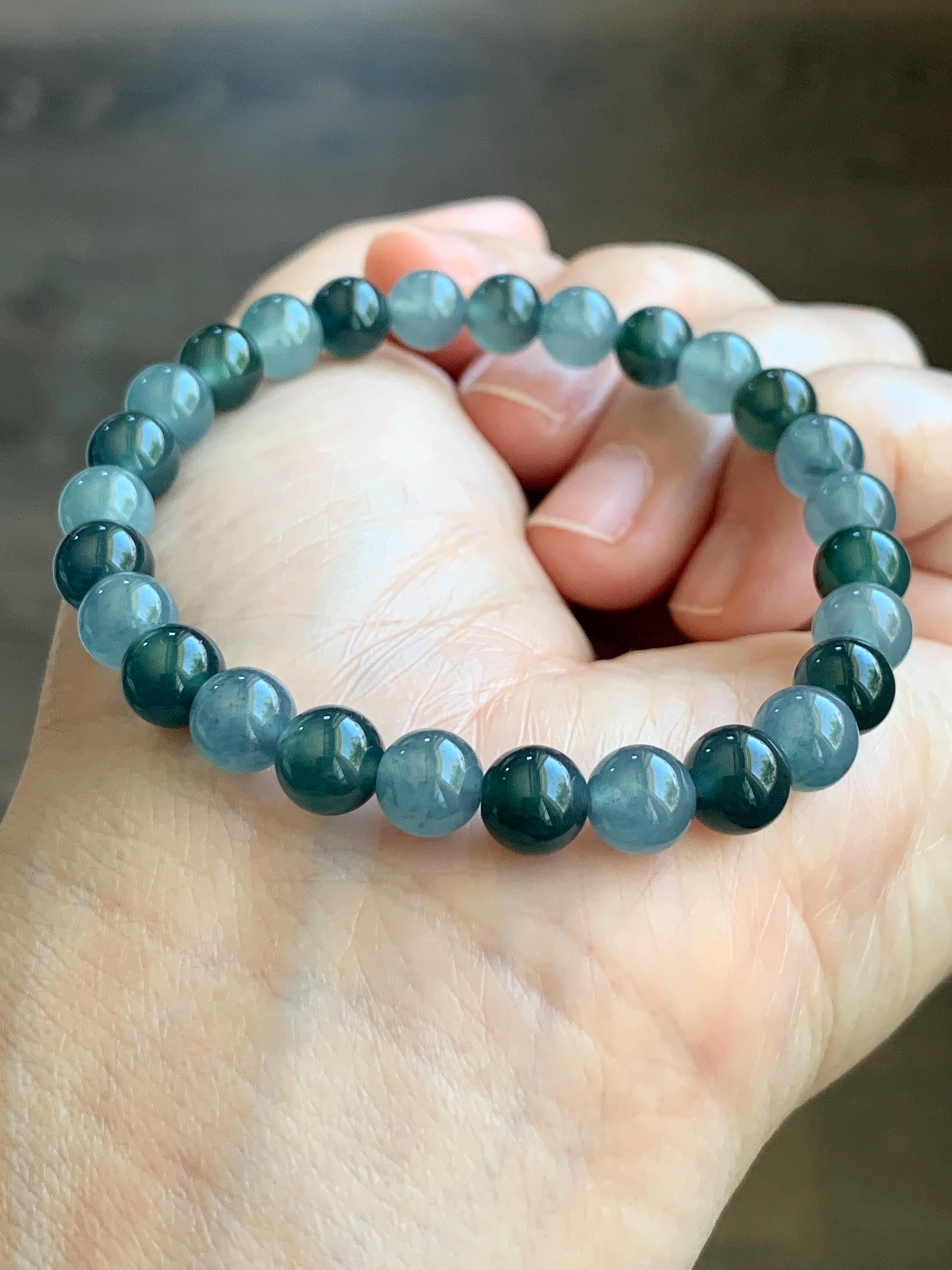Natural Grade A Guatemalan Icy Highly Translucent Light Teal Blue Dark Teal Green Jadeite Beaded Bracelet 6.8mm 6.75” 14g 天然冰危蓝水多宝翡翠手串 LDB88