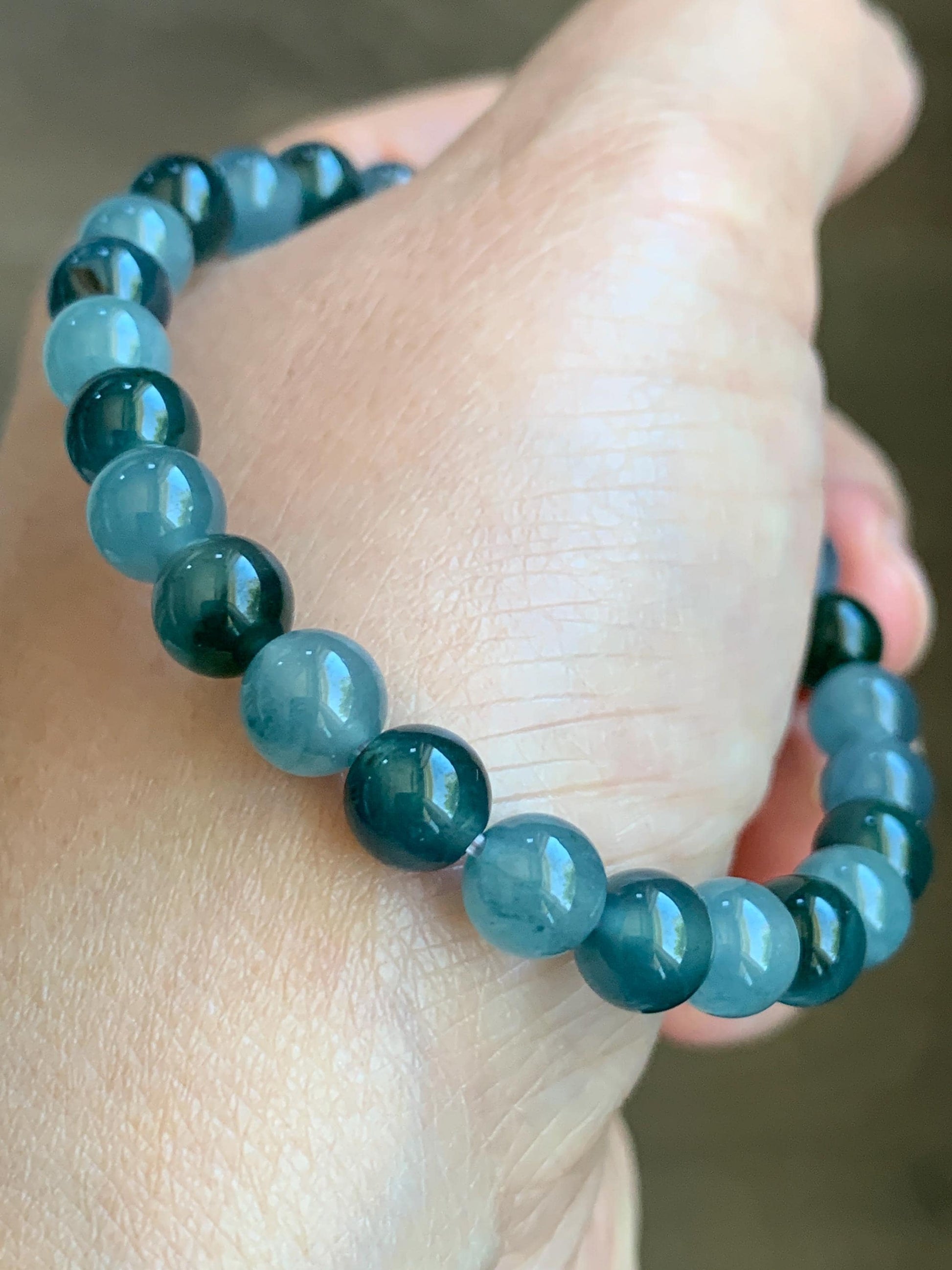 Natural Grade A Guatemalan Icy Highly Translucent Light Teal Blue Dark Teal Green Jadeite Beaded Bracelet 6.8mm 6.75” 14g 天然冰危蓝水多宝翡翠手串 LDB88