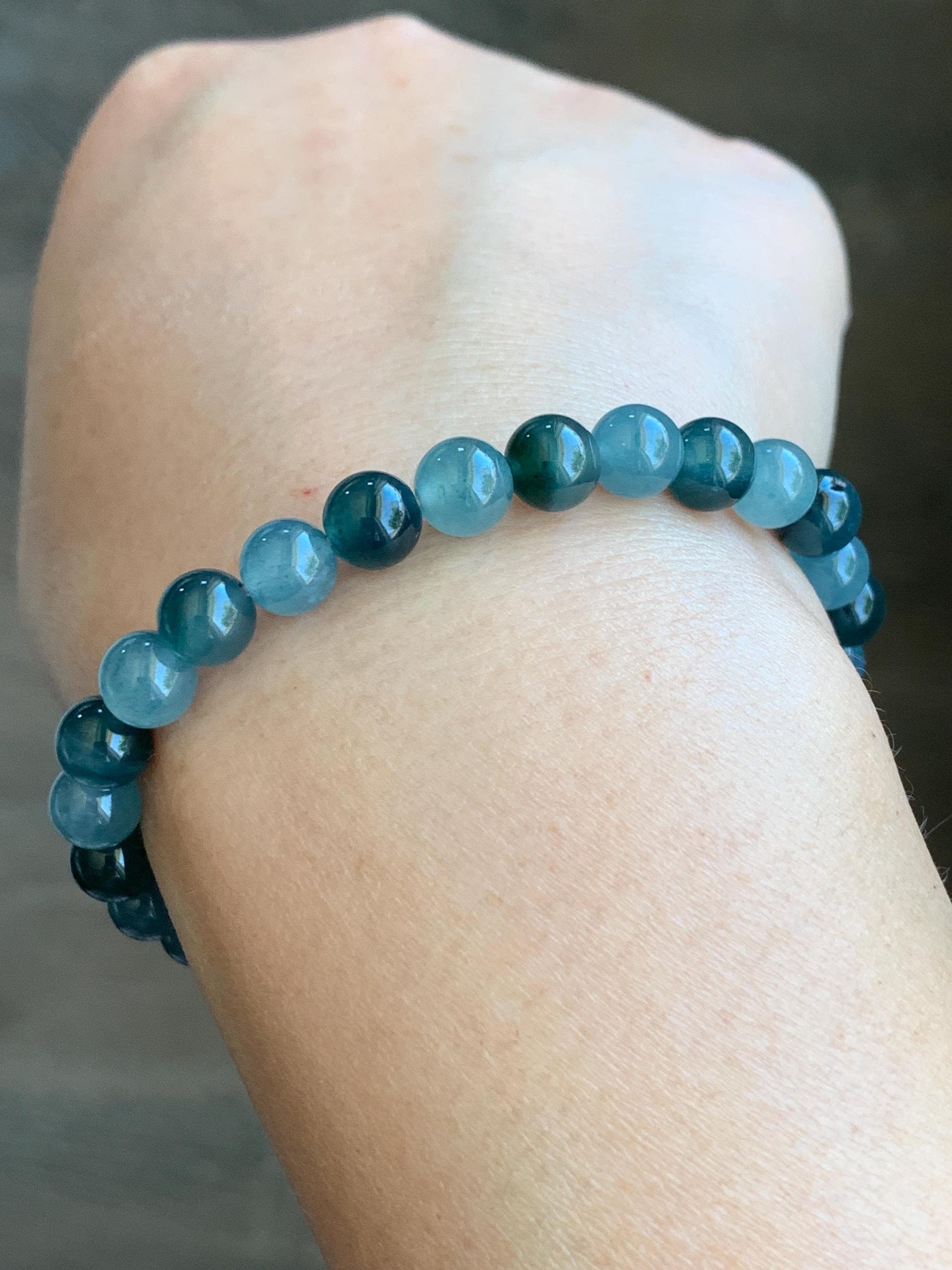 Natural Grade A Guatemalan Icy Highly Translucent Light Teal Blue Dark Teal Green Jadeite Beaded Bracelet 6.8mm 6.75” 14g 天然冰危蓝水多宝翡翠手串 LDB88