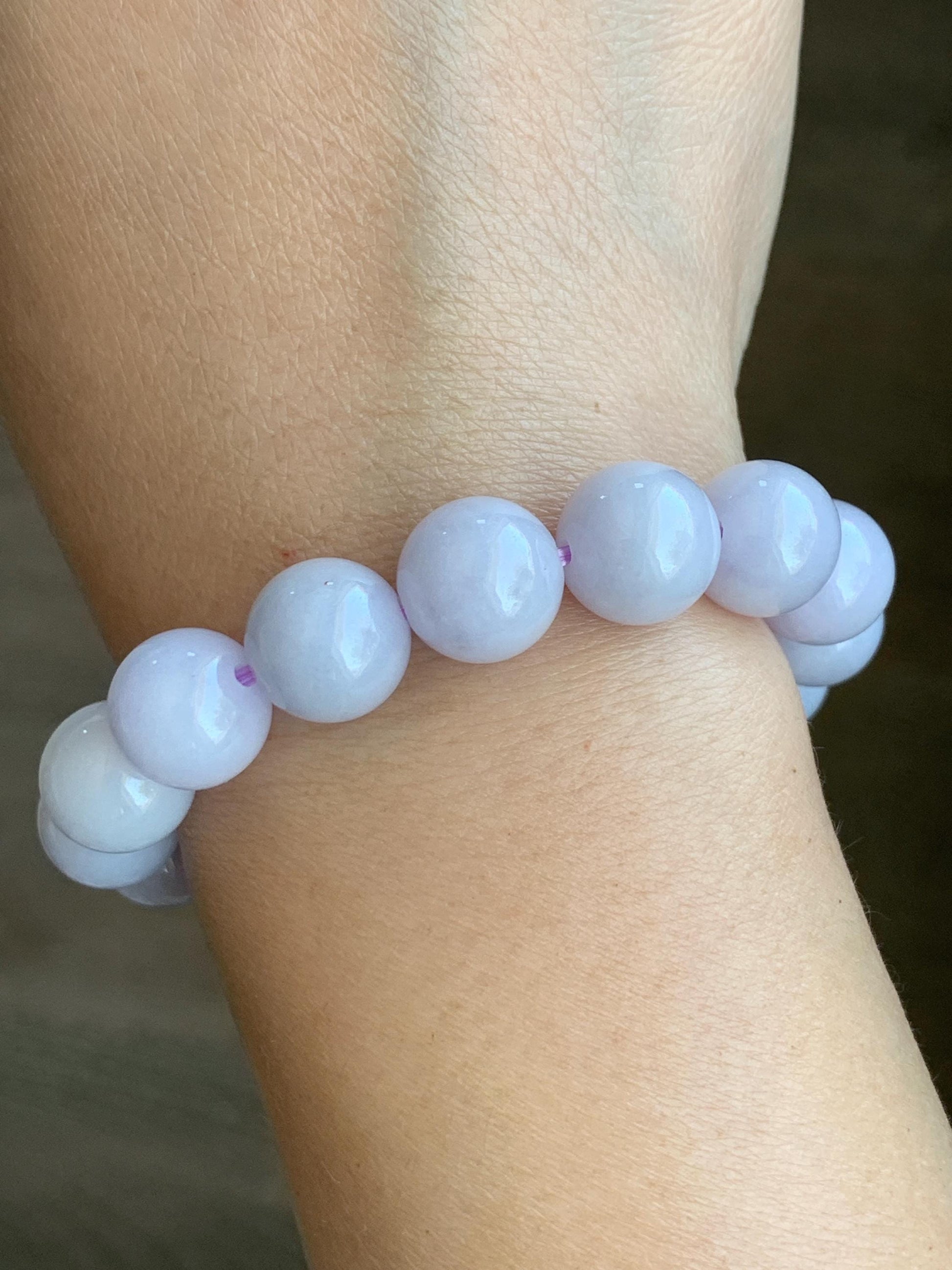 Certified Natural Grade A Icy Translucent Pastel Lavender Jade Jadeite Large Beads Beaded Bracelet 12mm 7” 47.5g 天然冰淡紫底翡翠大卡圆珠手串 1495