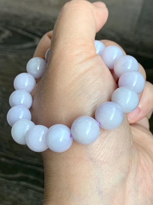 Certified Natural Grade A Icy Translucent Pastel Lavender Jade Jadeite Large Beads Beaded Bracelet 12mm 7” 47.5g 天然冰淡紫底翡翠大卡圆珠手串 1495
