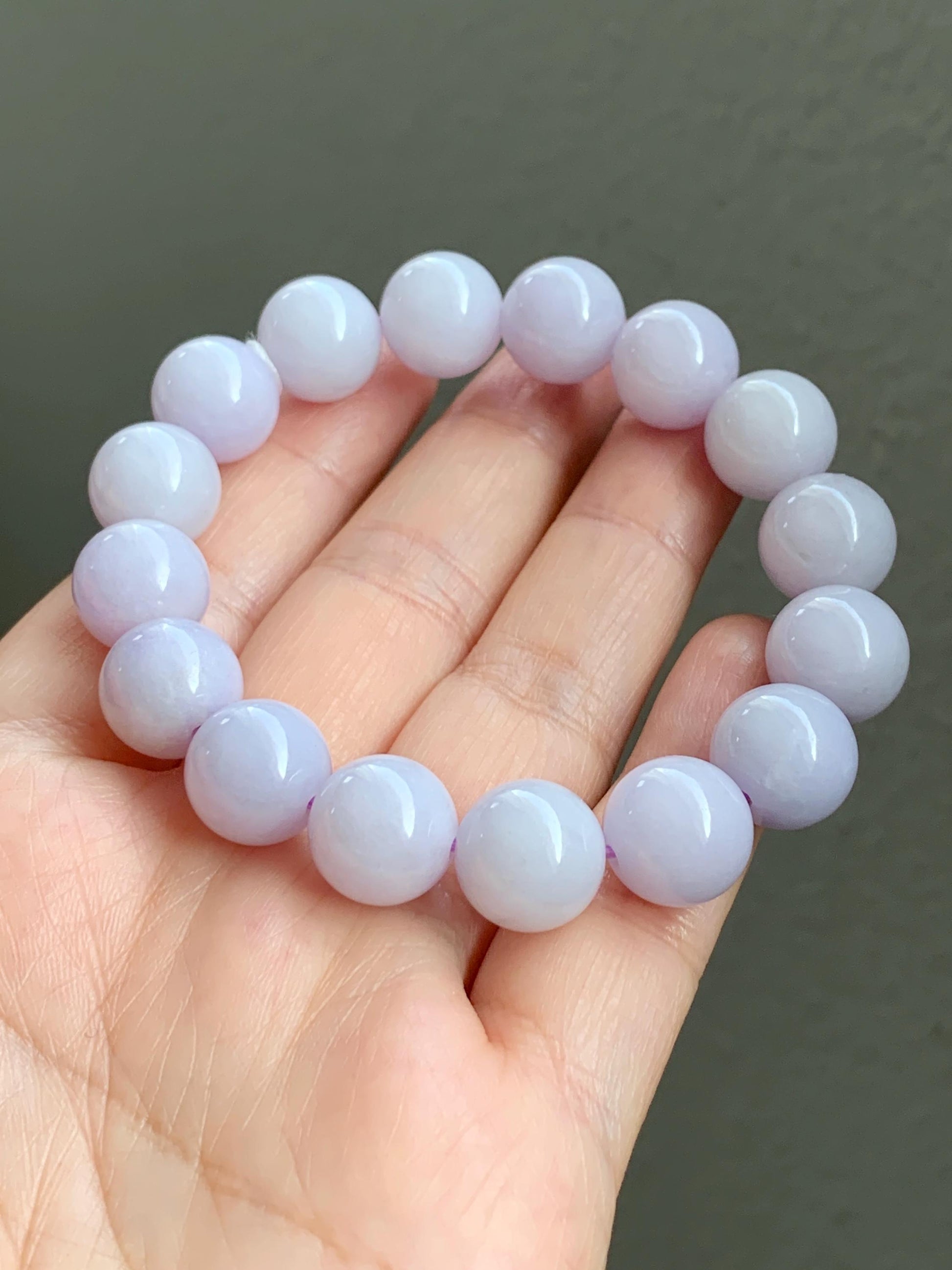 Certified Natural Grade A Icy Translucent Pastel Lavender Jade Jadeite Large Beads Beaded Bracelet 12mm 7” 47.5g 天然冰淡紫底翡翠大卡圆珠手串 1495