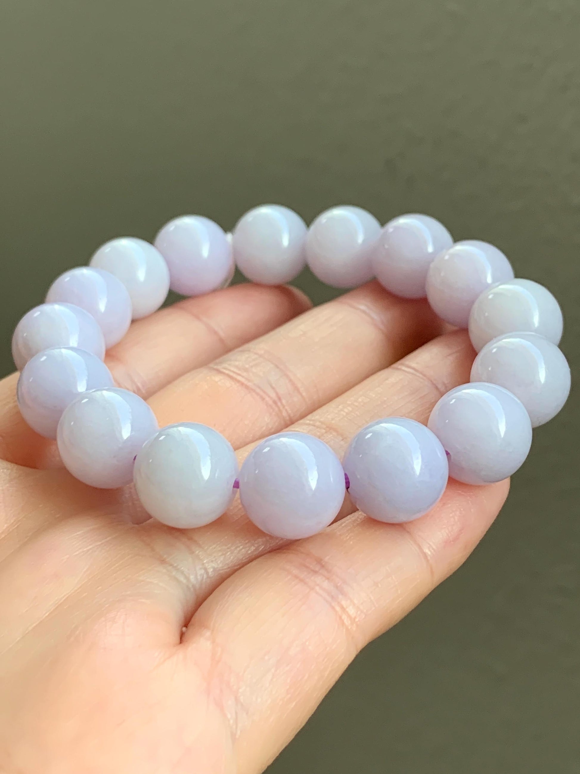 Certified Natural Grade A Icy Translucent Pastel Lavender Jade Jadeite Large Beads Beaded Bracelet 12mm 7” 47.5g 天然冰淡紫底翡翠大卡圆珠手串 1495
