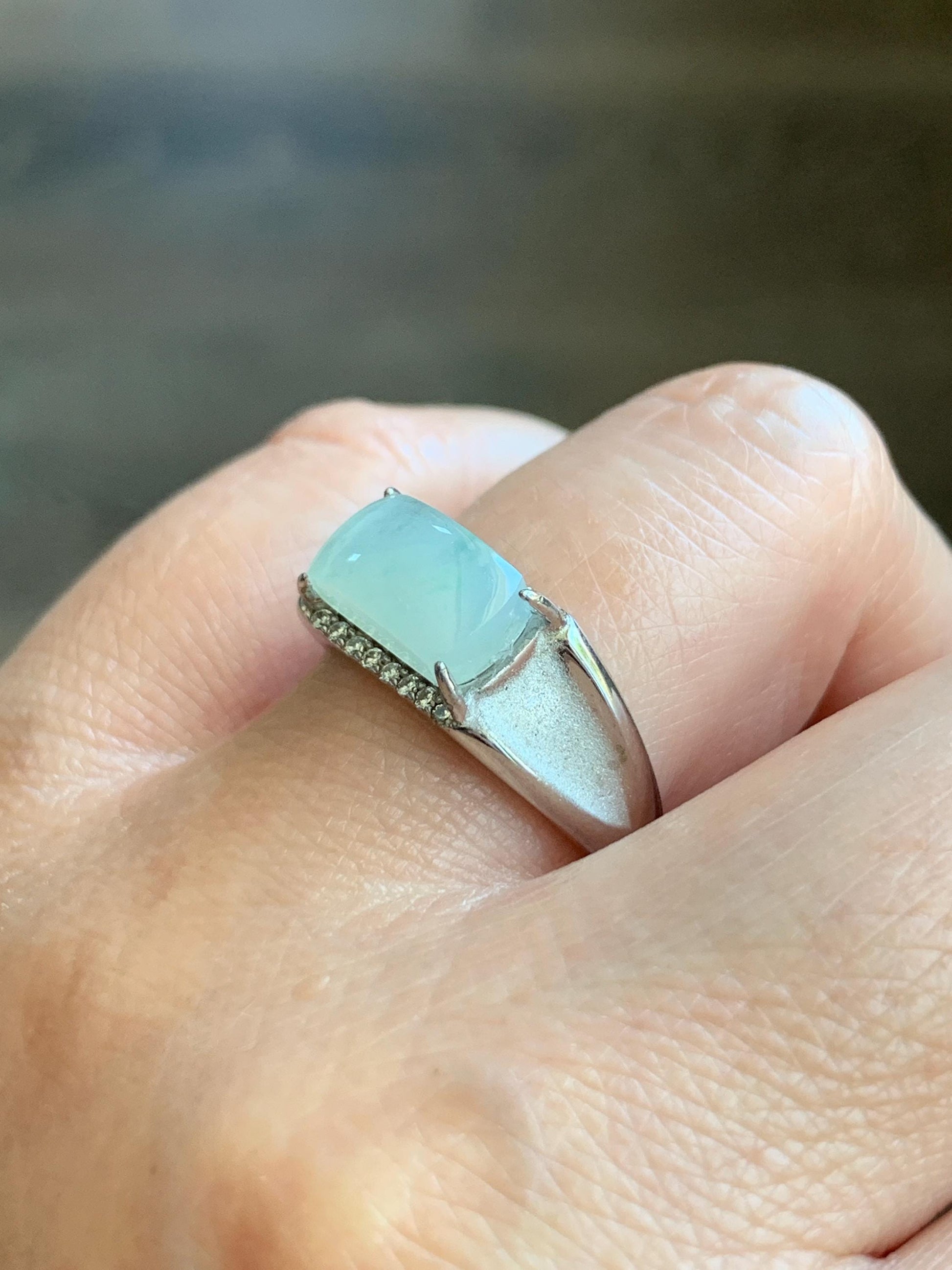 Natural Grade A Icy Translucent Gelatinous Pastel Green Jadeite Saddle Cabochon Ring Sterling Silver Size 8 Adjustable 天然冰胶晴底翡翠马鞍银镶戒指 TMQ107
