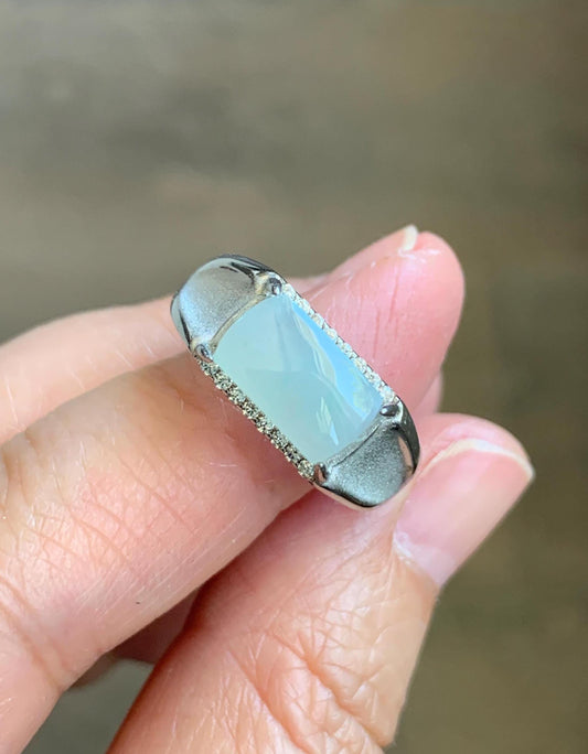 Natural Grade A Icy Translucent Gelatinous Pastel Green Jadeite Saddle Cabochon Ring Sterling Silver Size 8 Adjustable 天然冰胶晴底翡翠马鞍银镶戒指 TMQ107