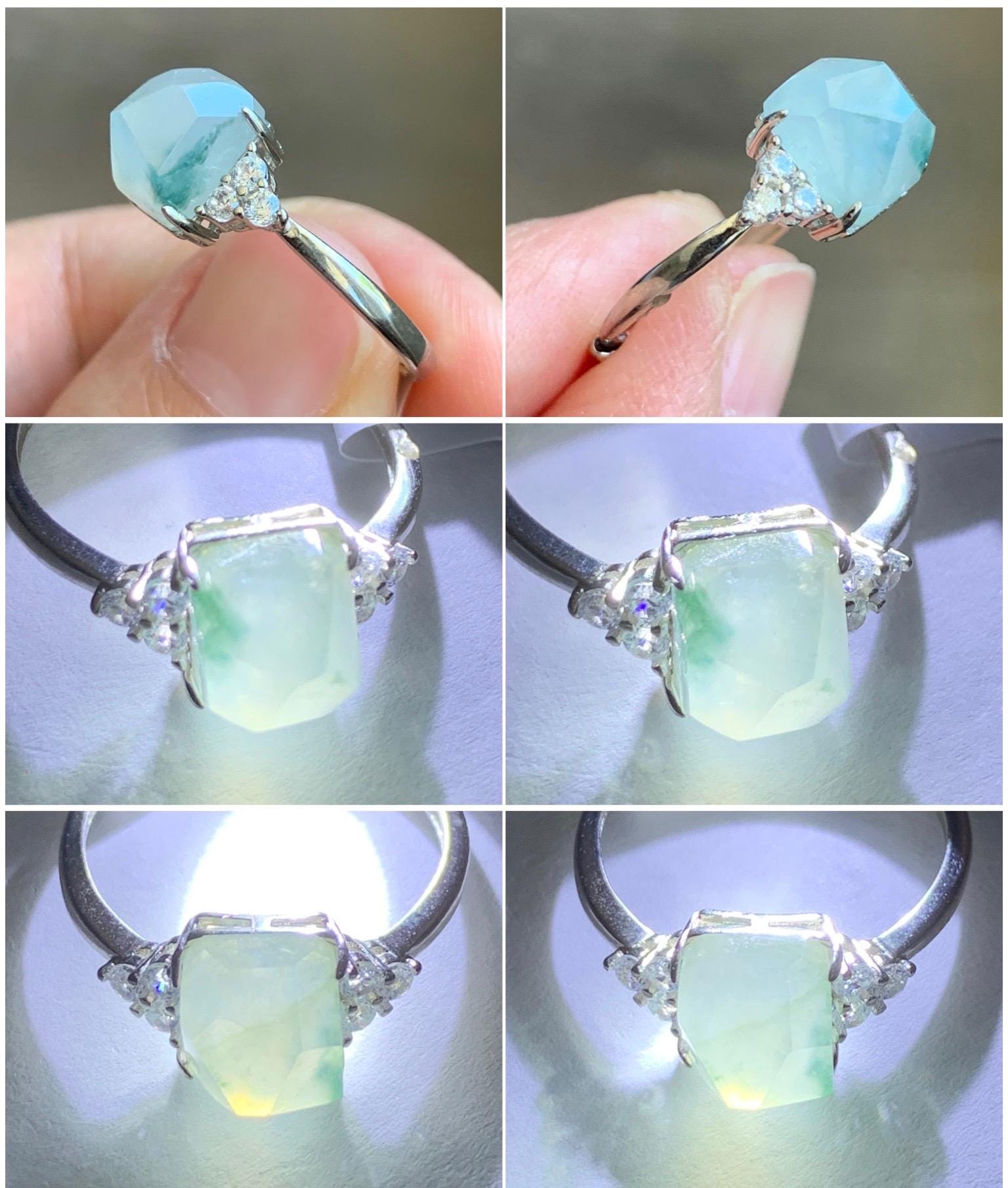 Natural Grade A Icy Translucent Gelatinous Light Green Marbled Faceted Jadeite Ring Sterling Silver Size 7 Adjustable 天然冰胶飘花翡翠切割面银镶戒指 MQG80A