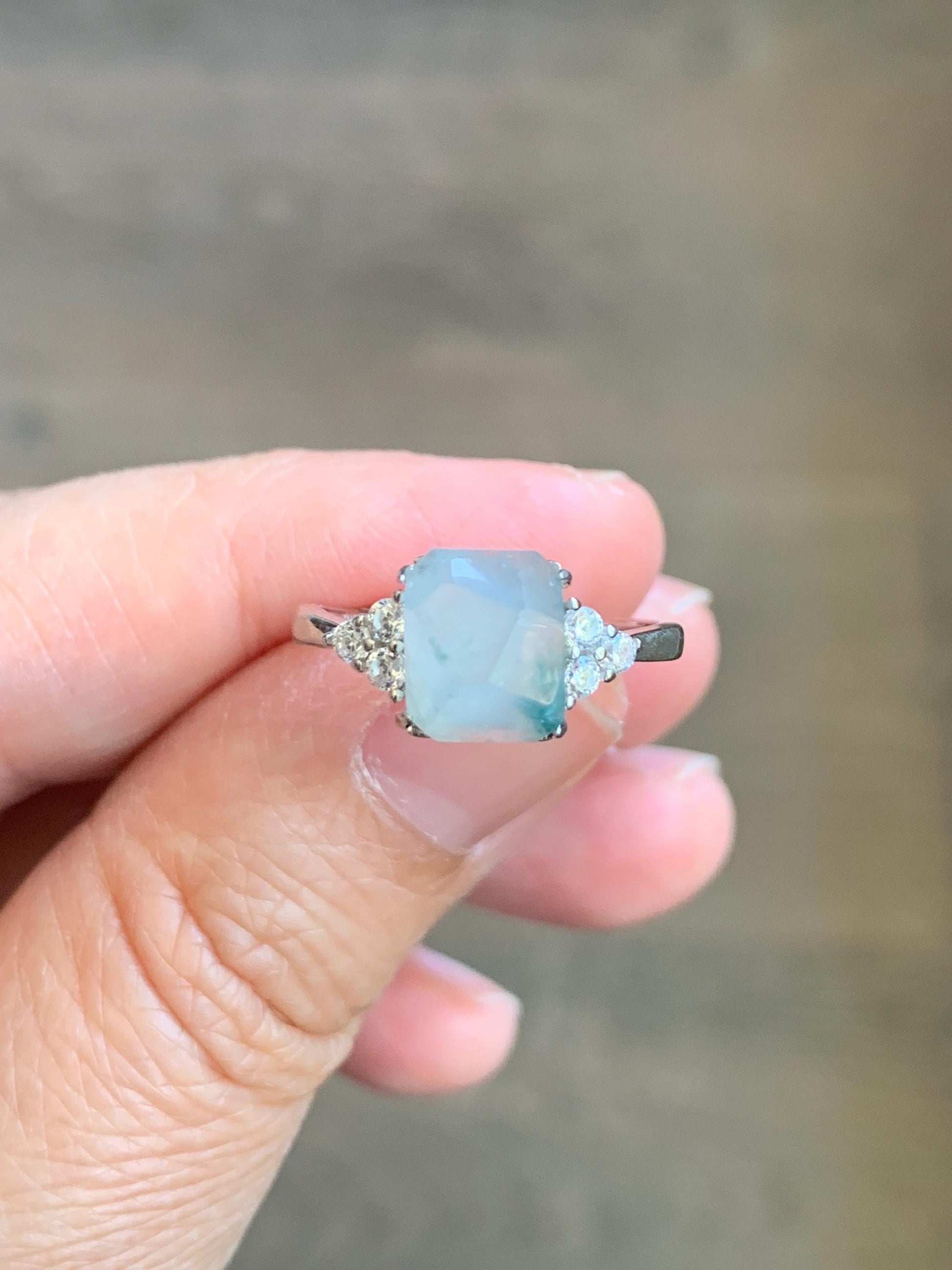 Natural Grade A Icy Translucent Gelatinous Light Green Marbled Faceted Jadeite Ring Sterling Silver Size 7 Adjustable 天然冰胶飘花翡翠切割面银镶戒指 MQG80A