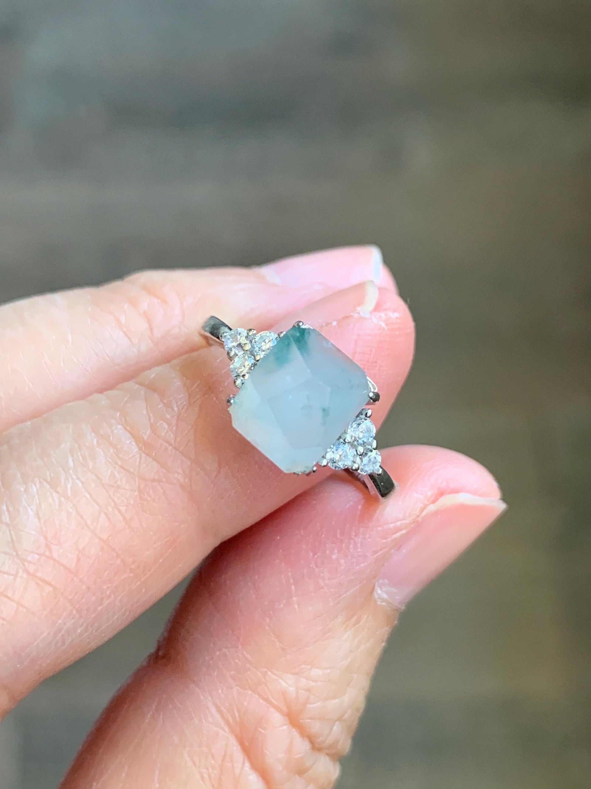 Natural Grade A Icy Translucent Gelatinous Light Green Marbled Faceted Jadeite Ring Sterling Silver Size 7 Adjustable 天然冰胶飘花翡翠切割面银镶戒指 MQG80A