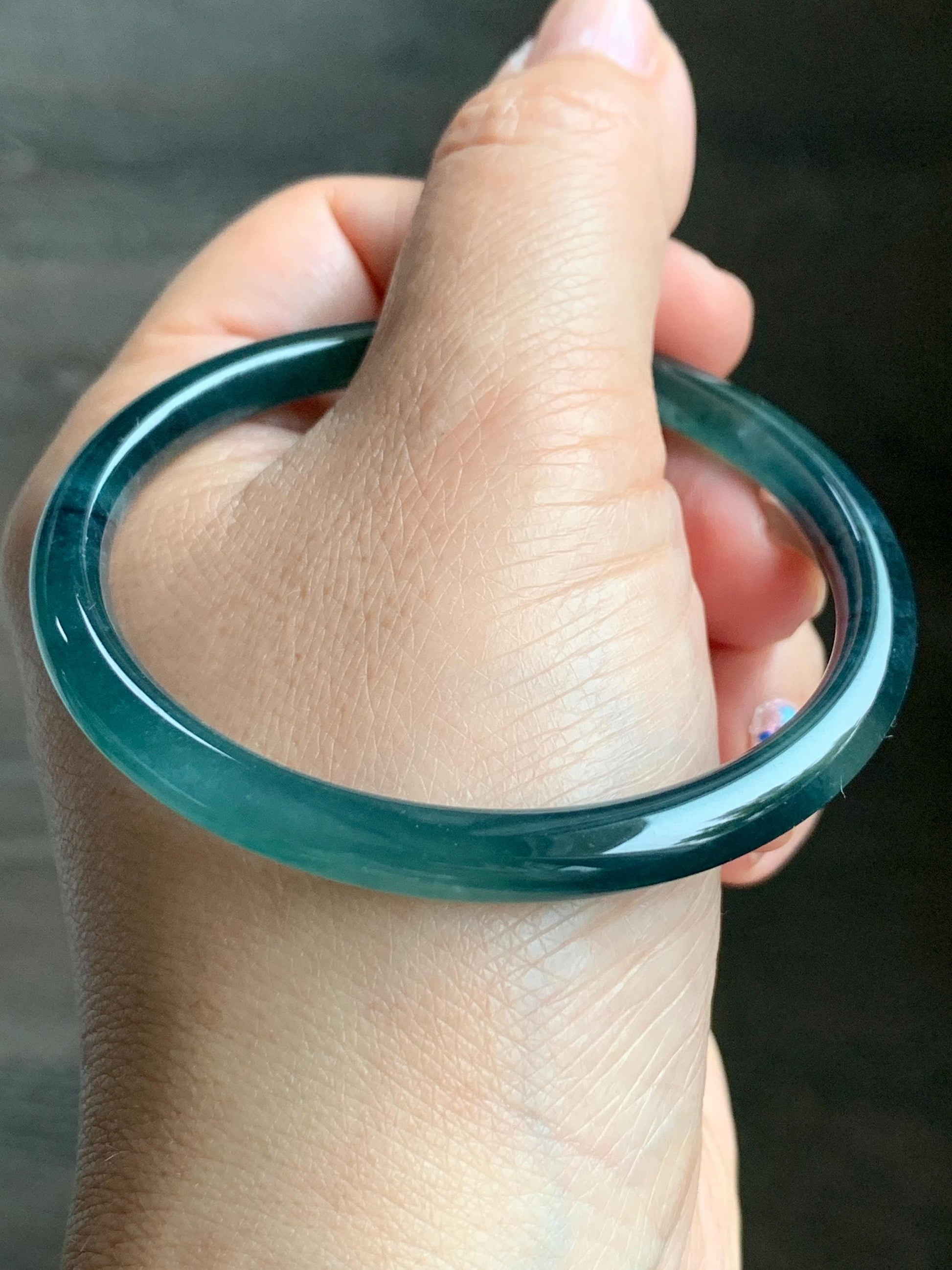 Natural Grade A Guatemalan Icy Translucent Gelatinous Dark Teal Green Jade Jadeite Slim Bangle 55.69mm 17g 天然老种冰胶危蓝绿翡翠细圆条手镯 WLU305A