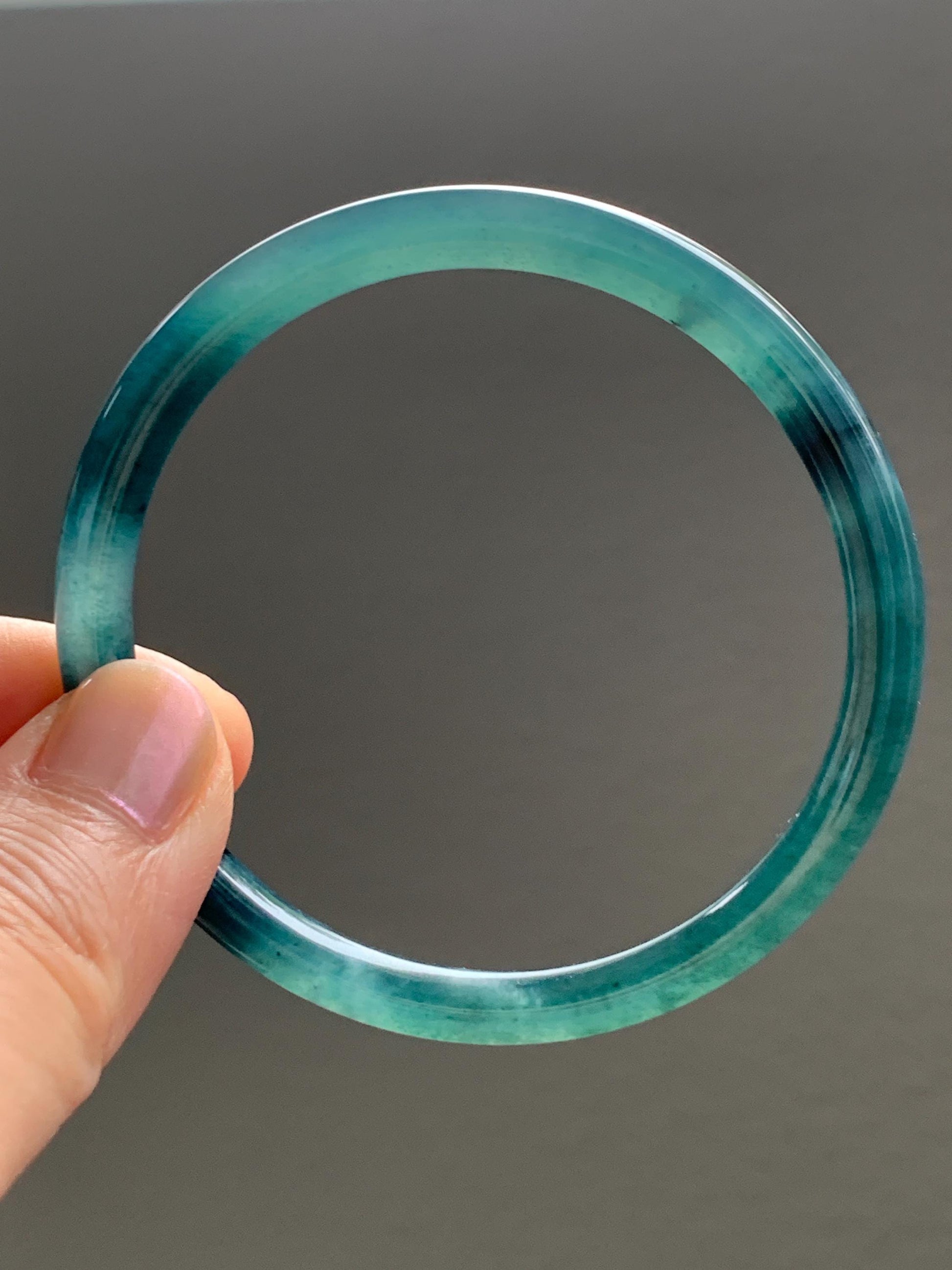 Natural Grade A Guatemalan Icy Translucent Gelatinous Dark Teal Green Jade Jadeite Slim Bangle 55.69mm 17g 天然老种冰胶危蓝绿翡翠细圆条手镯 WLU305A
