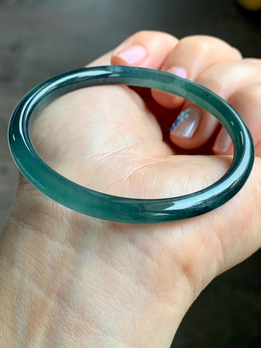 Natural Grade A Guatemalan Icy Translucent Gelatinous Dark Teal Green Jade Jadeite Slim Bangle 55.69mm 17g 天然老种冰胶危蓝绿翡翠细圆条手镯 WLU305A