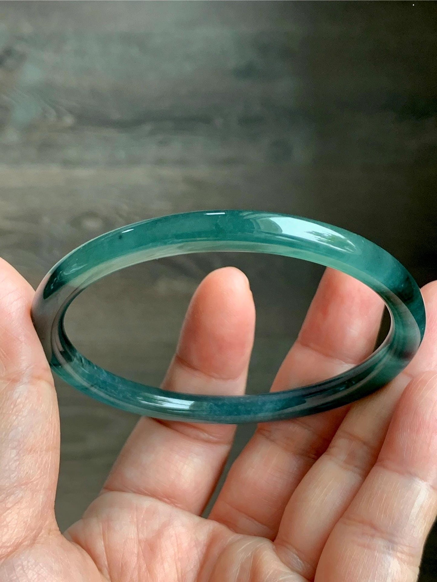 Natural Grade A Guatemalan Icy Translucent Gelatinous Dark Teal Green Jade Jadeite Slim Bangle 58.7mm 19g 天然老种冰胶危蓝绿翡翠细圆条手镯 WLU305B