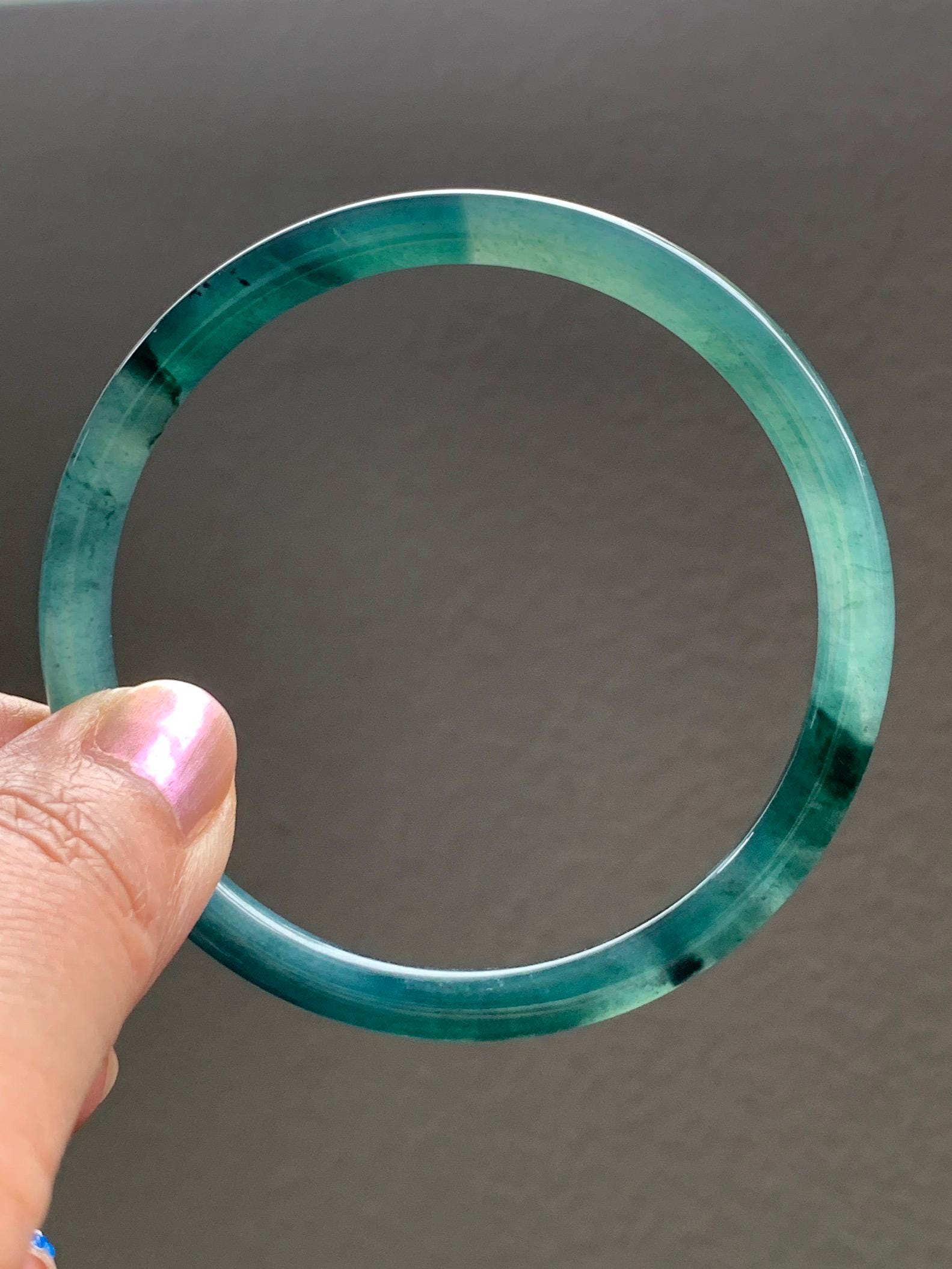 Natural Grade A Guatemalan Icy Translucent Gelatinous Dark Teal Green Jade Jadeite Slim Bangle 58.7mm 19g 天然老种冰胶危蓝绿翡翠细圆条手镯 WLU305B