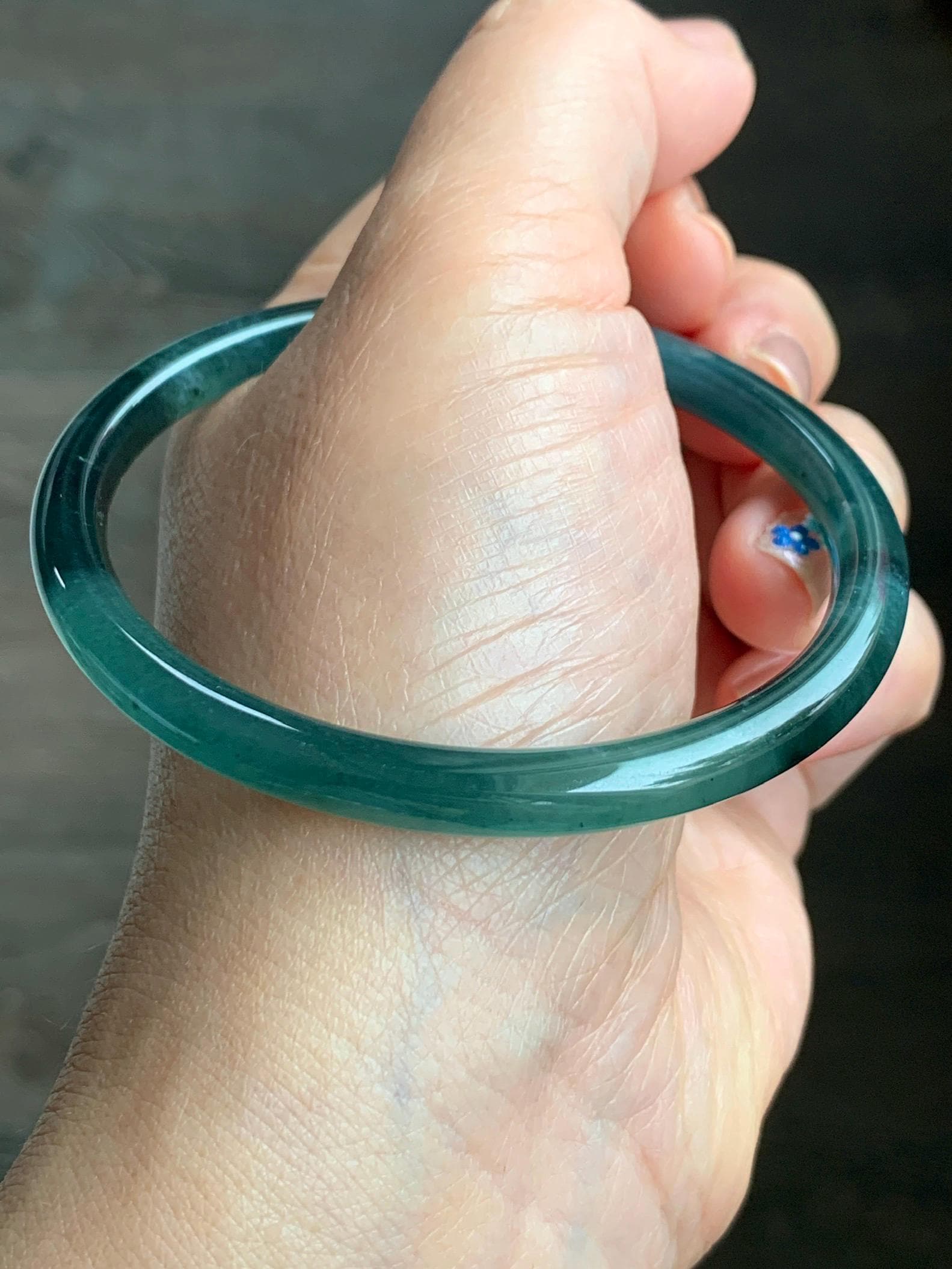 Natural Grade A Guatemalan Icy Translucent Gelatinous Dark Teal Green Jade Jadeite Slim Bangle 58.7mm 19g 天然老种冰胶危蓝绿翡翠细圆条手镯 WLU305B