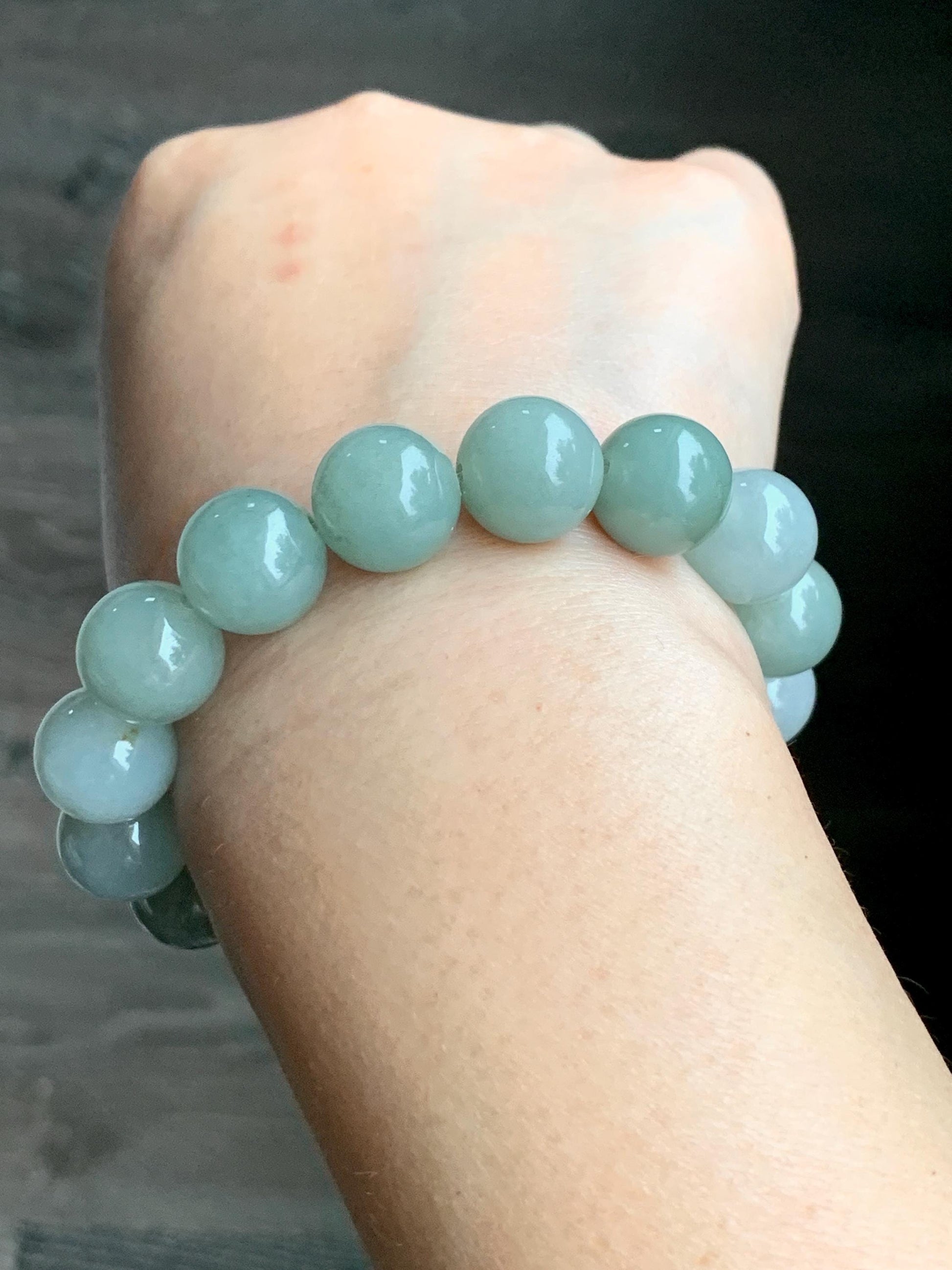 Natural Grade A Icy Translucent Pastel Dusty Green Multicolored Jadeite Large Beaded Bracelet Stretchy 12.86mm 7.5” 58g 天然细糯多宝翡翠大卡手串 ADB268
