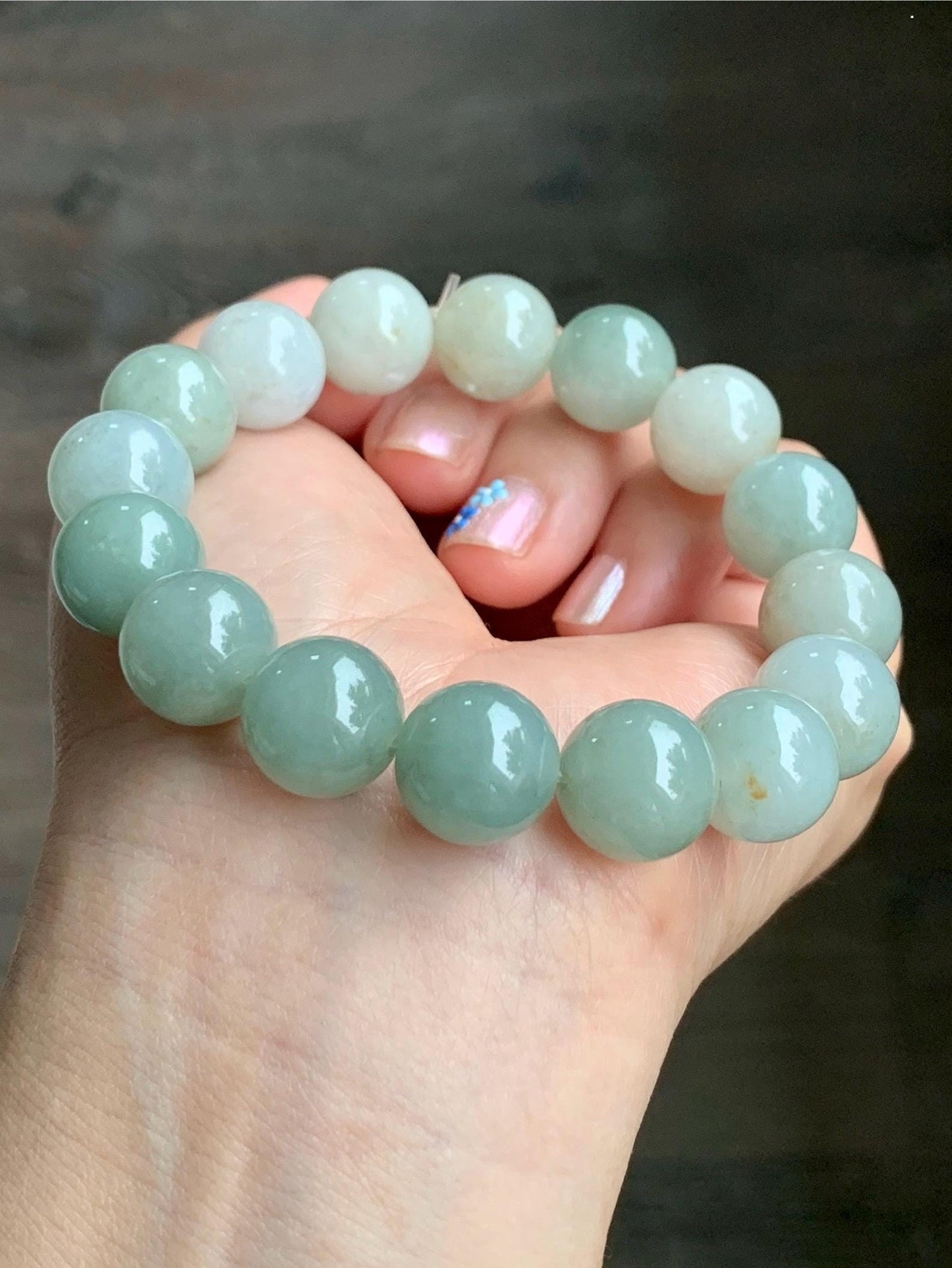 Natural Grade A Icy Translucent Pastel Dusty Green Multicolored Jadeite Large Beaded Bracelet Stretchy 12.86mm 7.5” 58g 天然细糯多宝翡翠大卡手串 ADB268